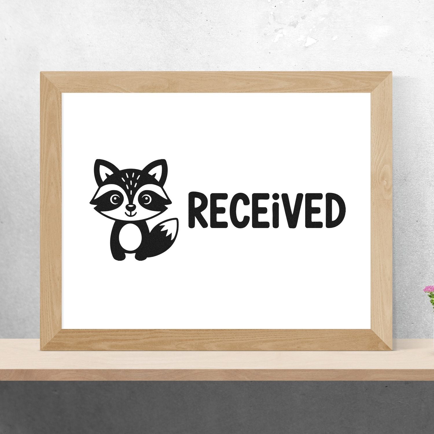 Raccoon RECEIVED rubber stamp design for office mail, packaging, and crafting.