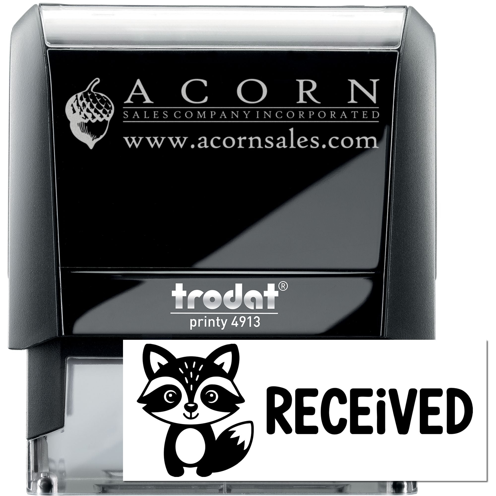 Custom self-inking rubber stamp set, Trodat Printy 4913, showing Acorn Sales logo and a "Received" stamp imprint.