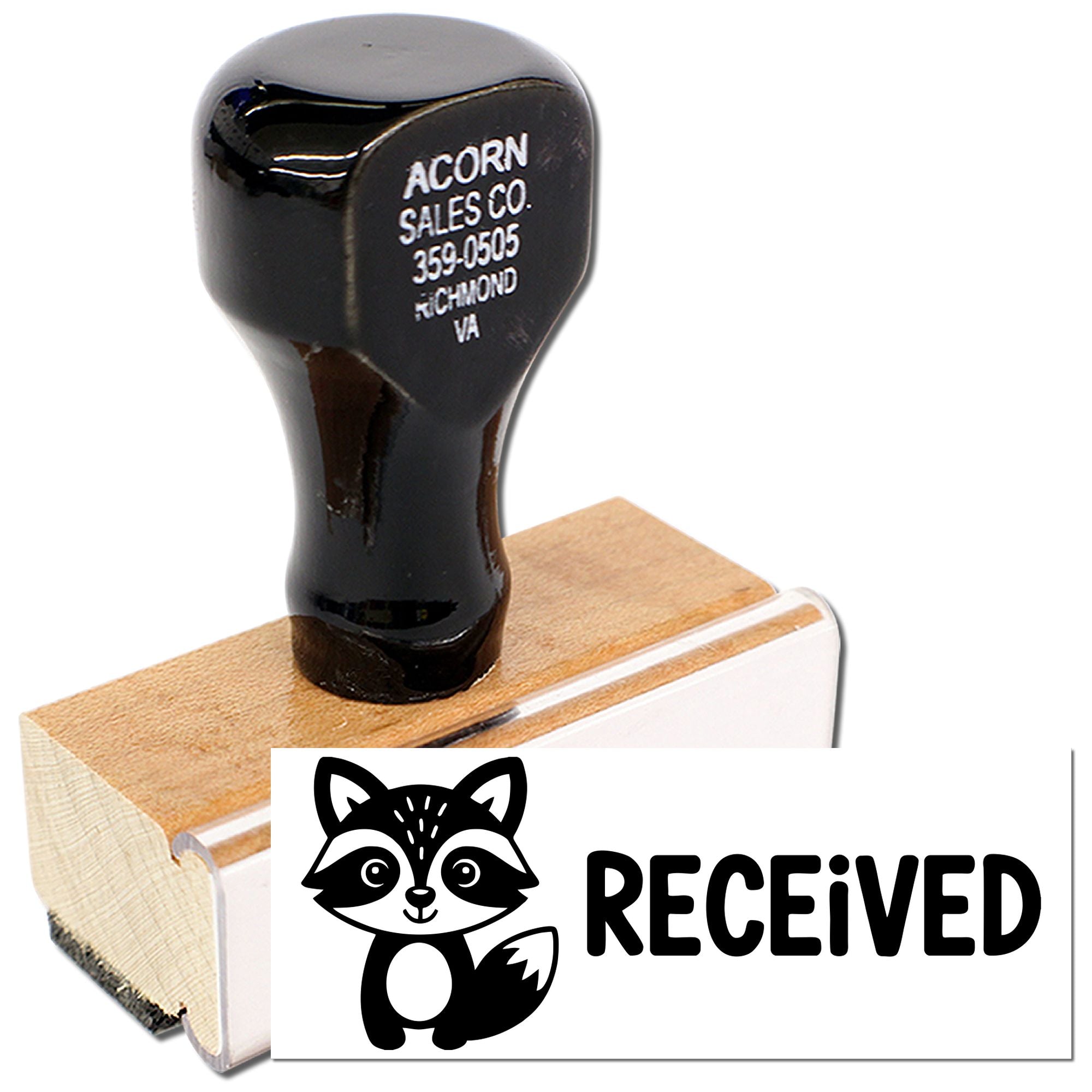 Personalized rubber stamp with return address and raccoon Received design for office mail, packaging, and document marking.