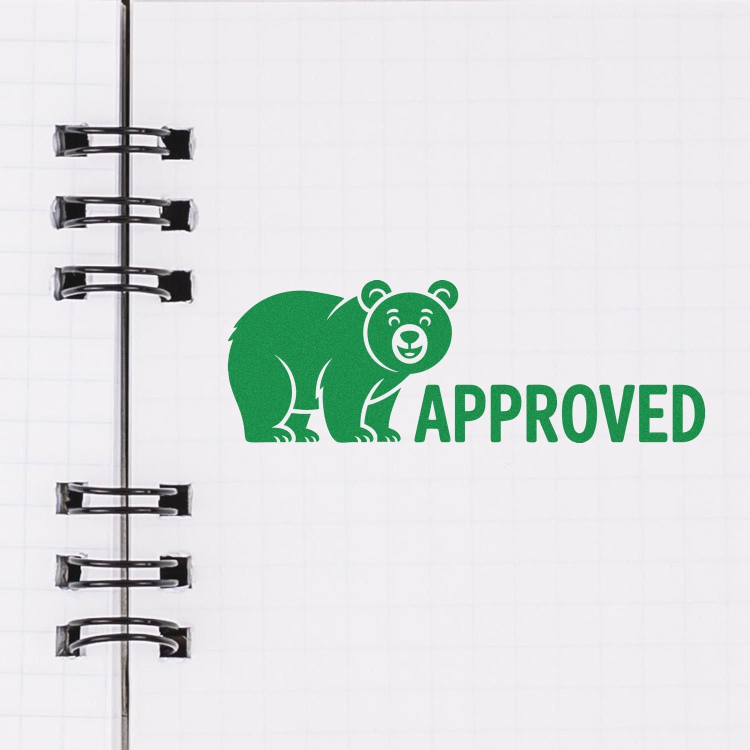 Green bear APPROVED rubber stamp design on notebook page, ideal for custom office approval stamps.