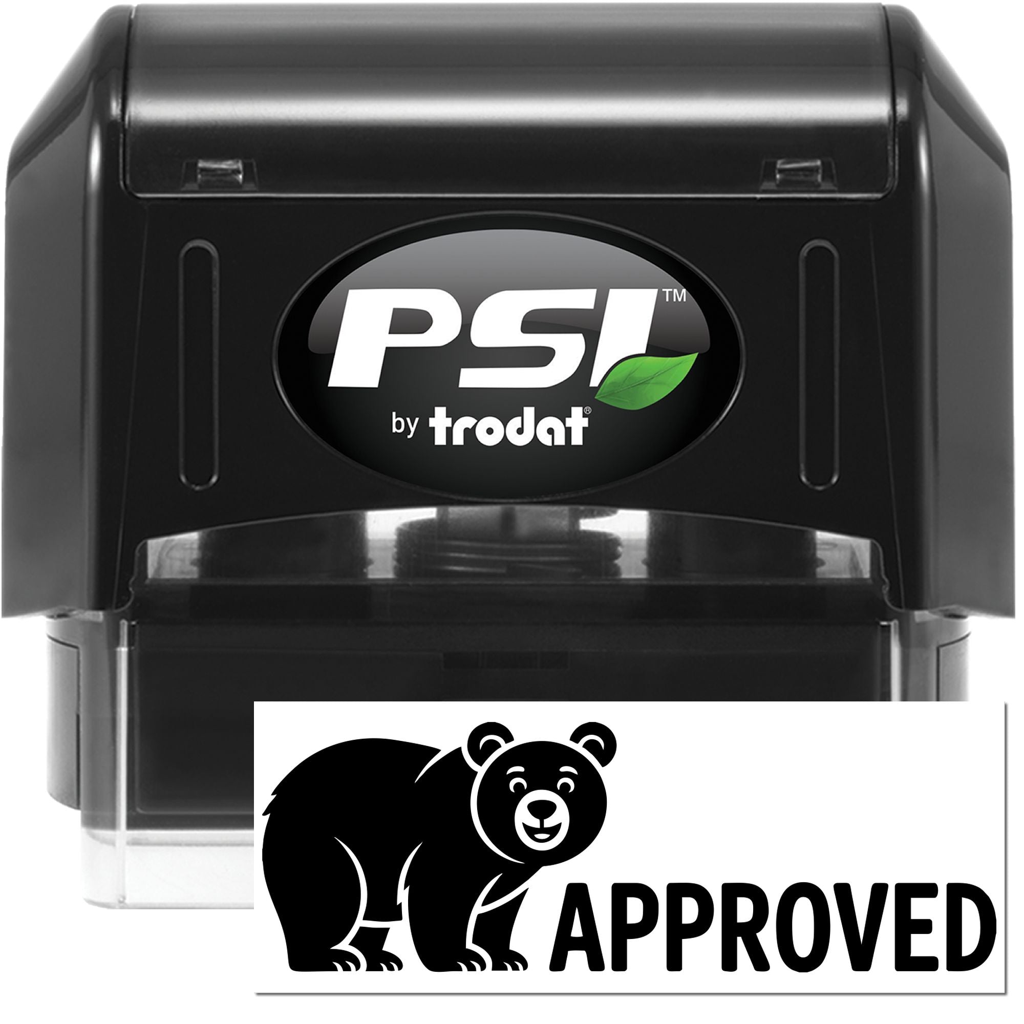 PSI by Trodat self-inking rubber stamp with approved bear design for document approval
