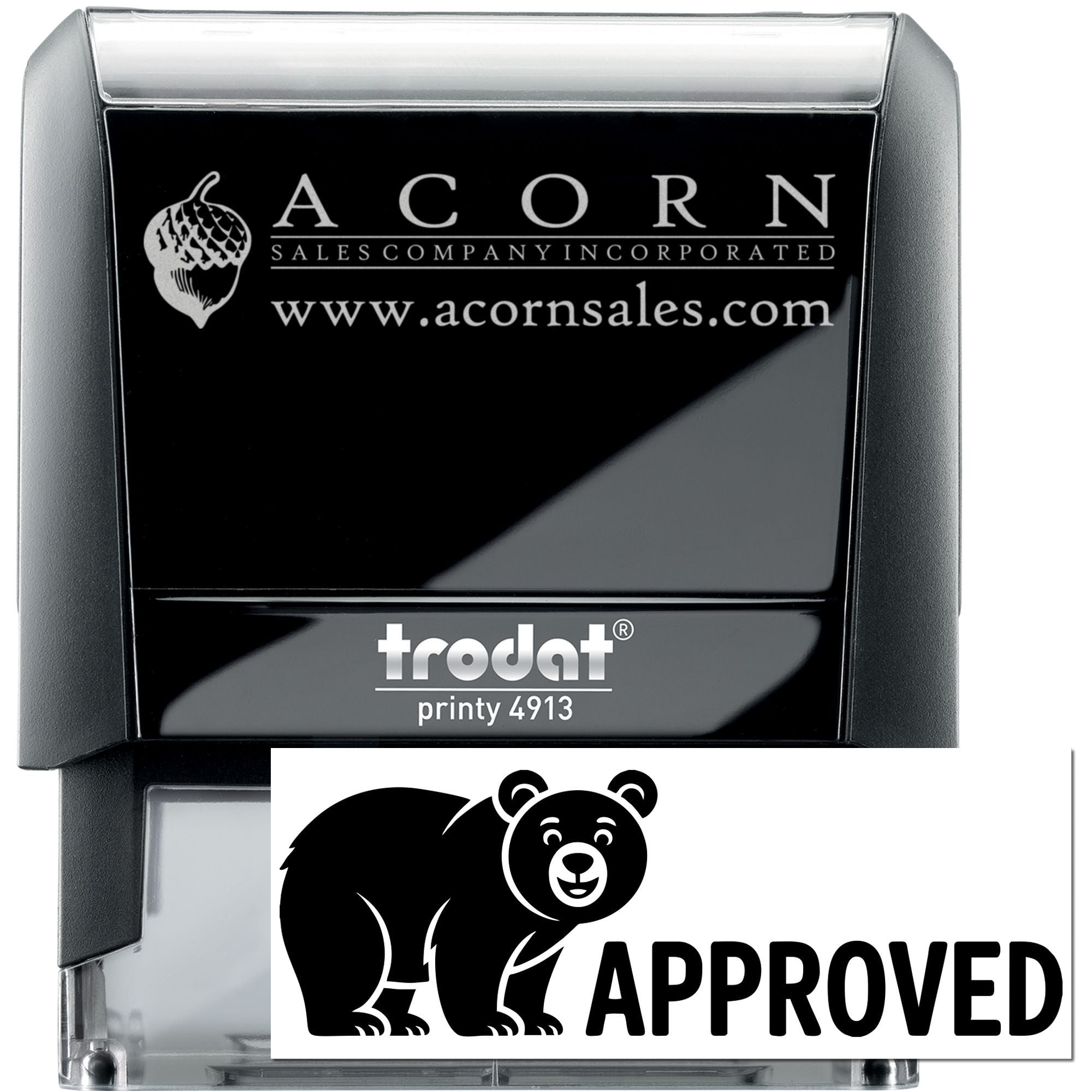 Custom self-inking rubber stamp Trodat Printy 4913 with Acorn Sales logo and Approved bear design