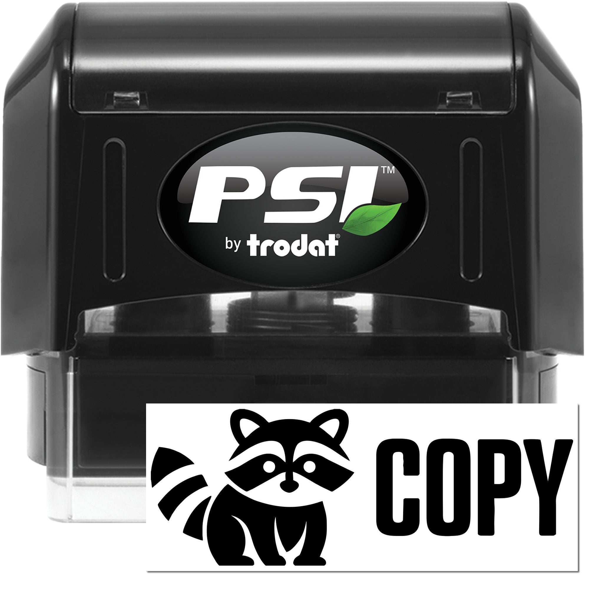 PSI by Trodat self-inking rubber stamp with custom COPY imprint and raccoon logo for office document marking.