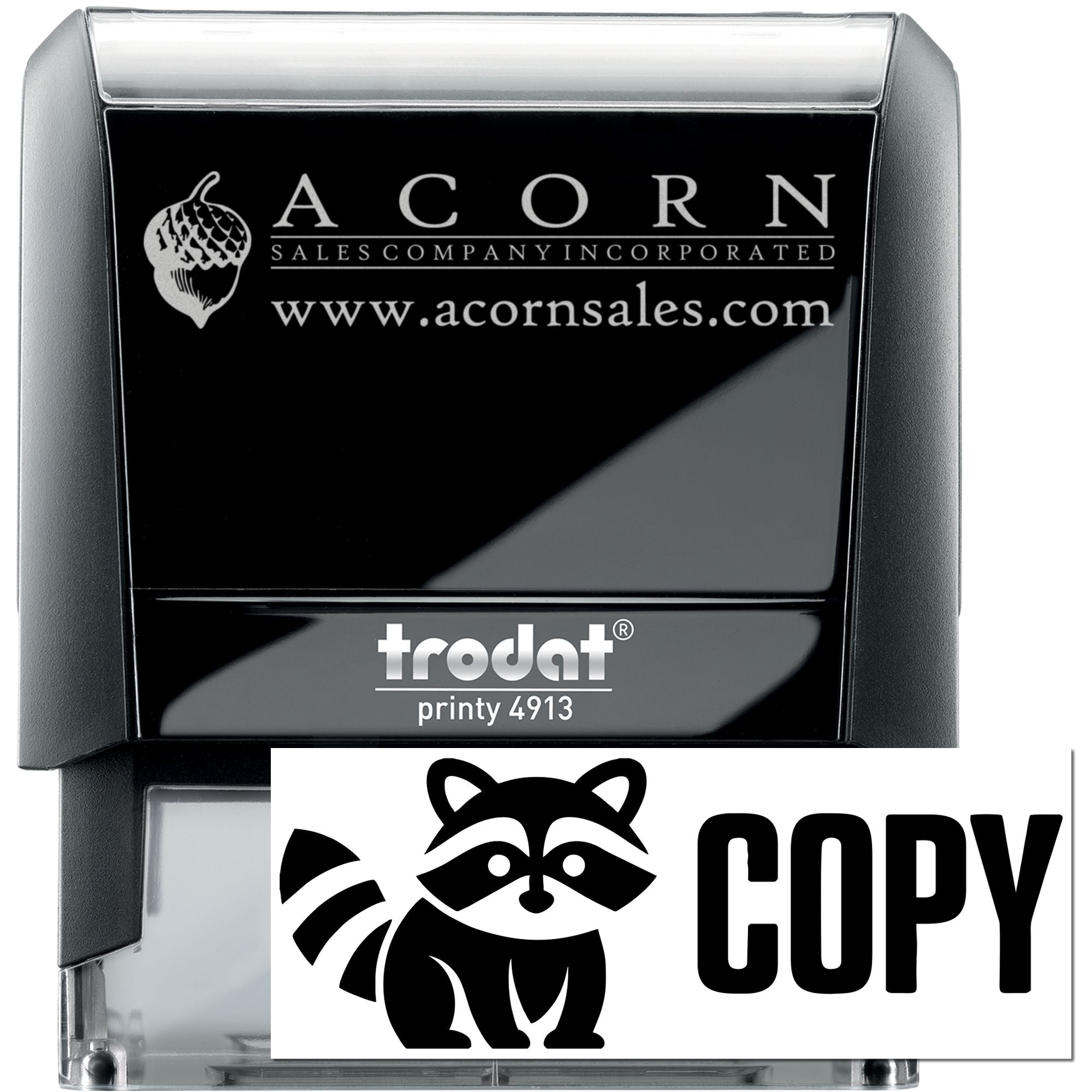 Self-inking Trodat Printy 4913 business rubber stamp with custom Acorn Sales logo and COPY raccoon mark
