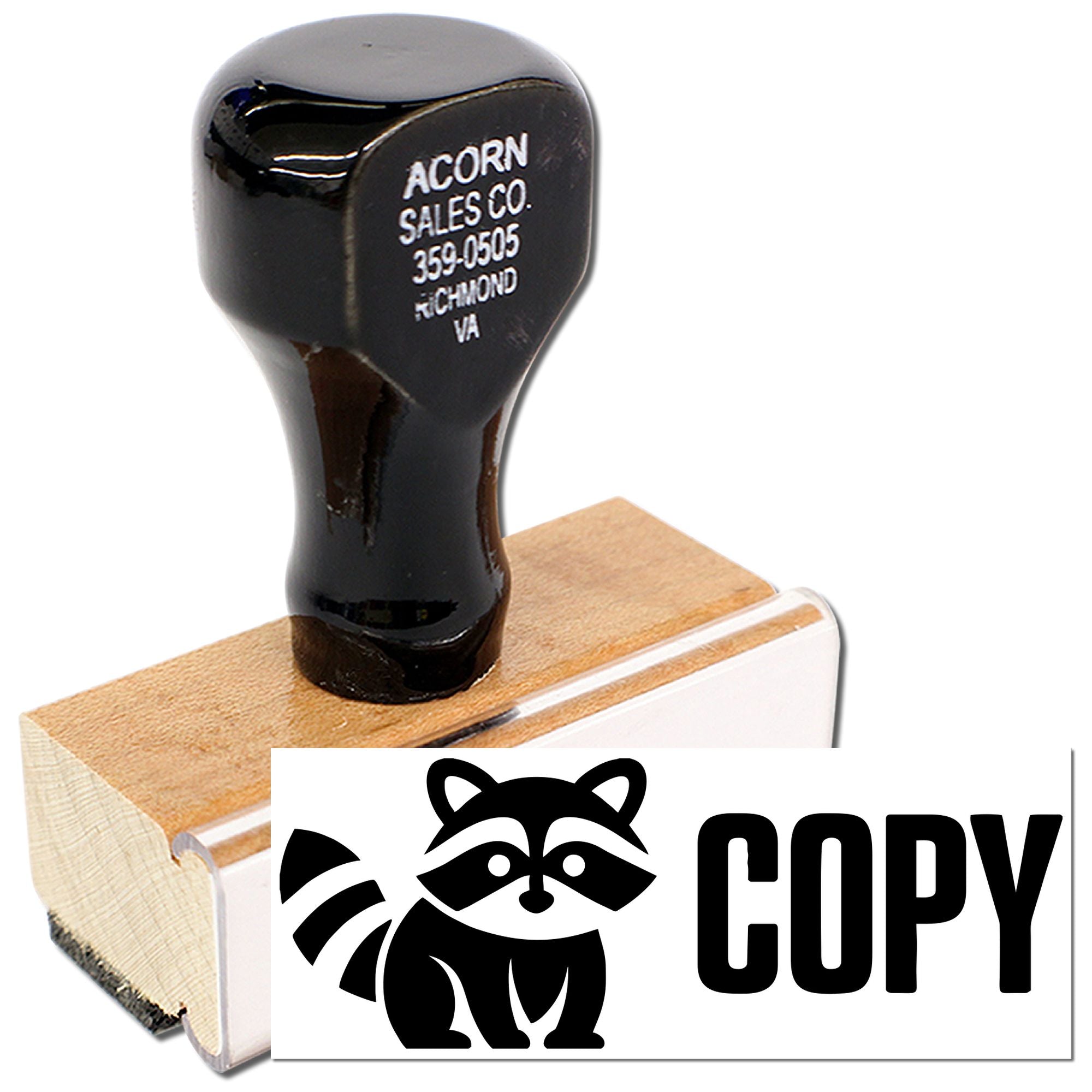Custom raccoon COPY rubber stamp with wooden handle for marking documents and office paperwork.