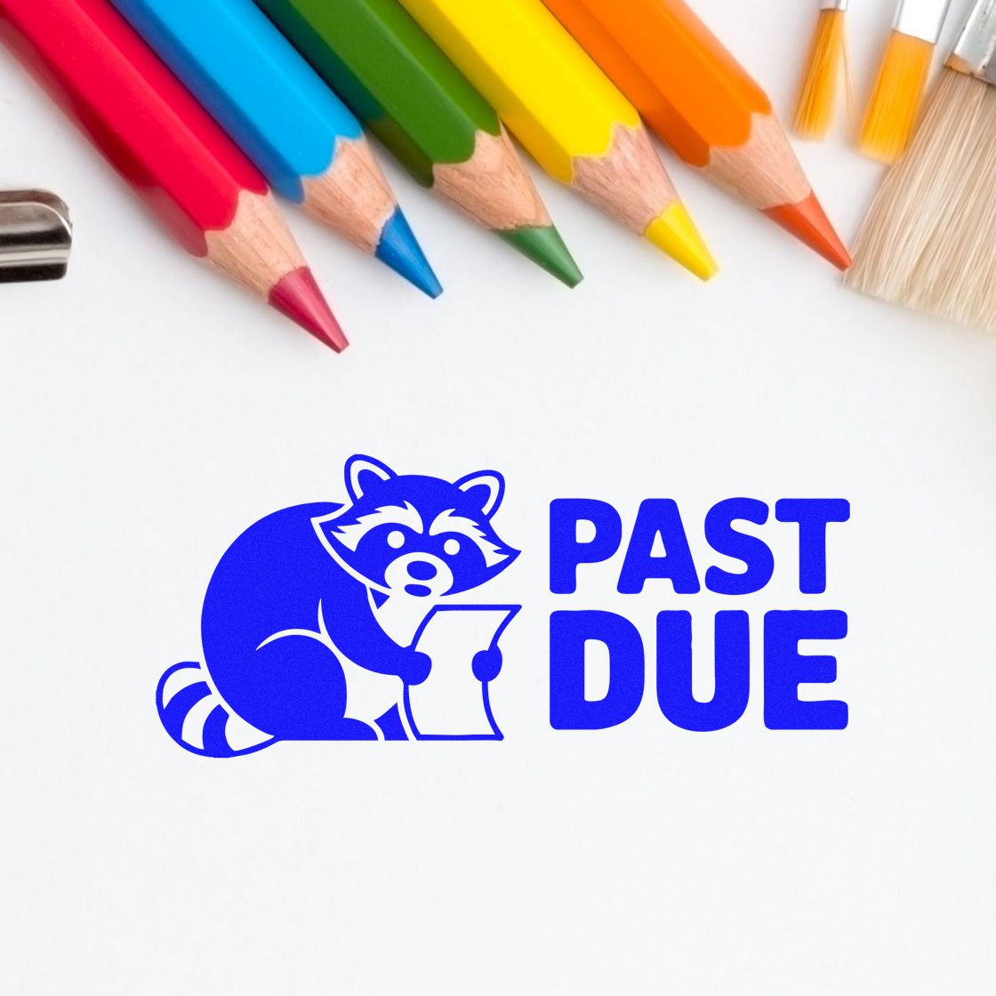 Past due rubber stamp with raccoon mascot, ideal for overdue notices, invoices, and office paperwork.