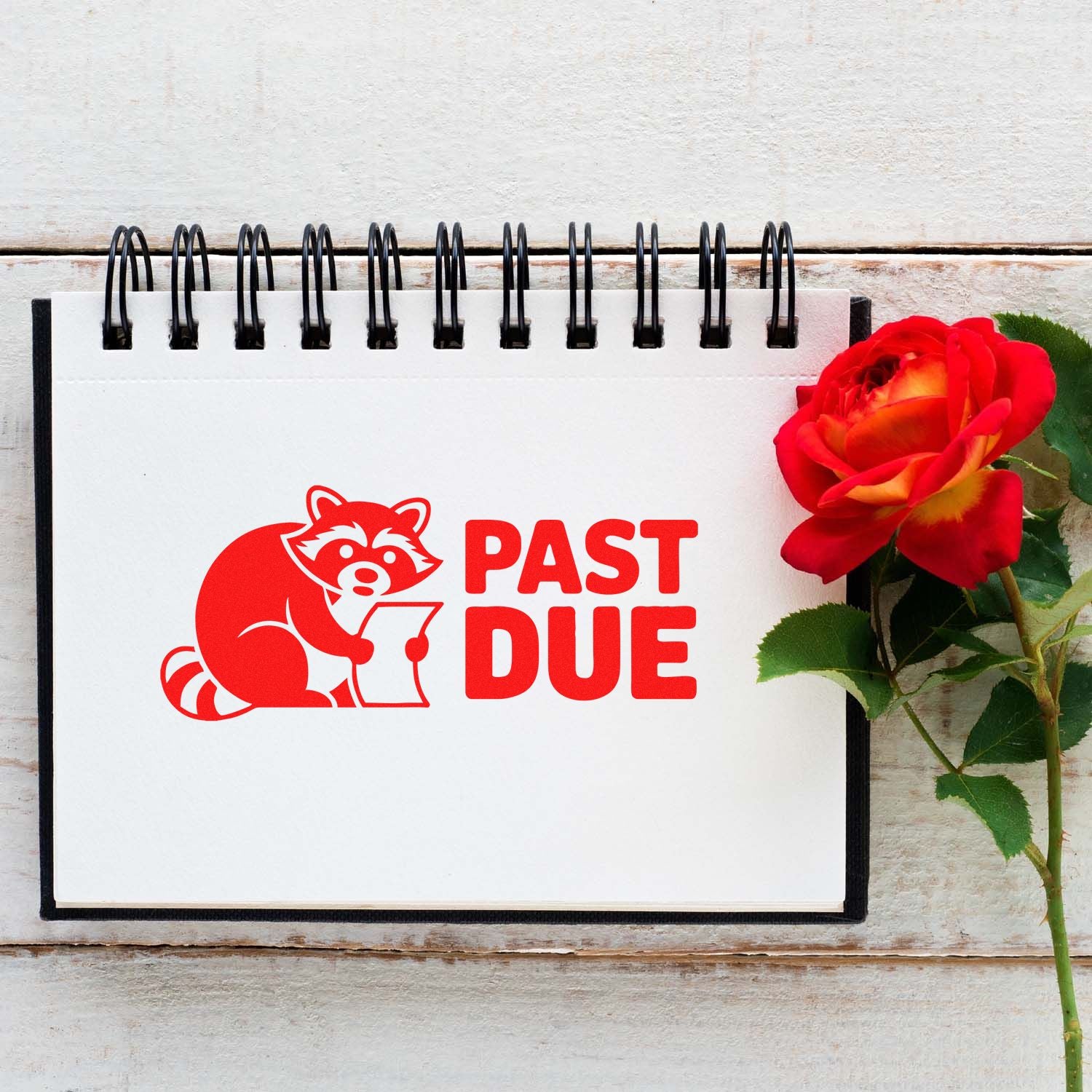 Past Due rubber stamp design with raccoon icon, perfect for payment reminder notices, billing, and office use.