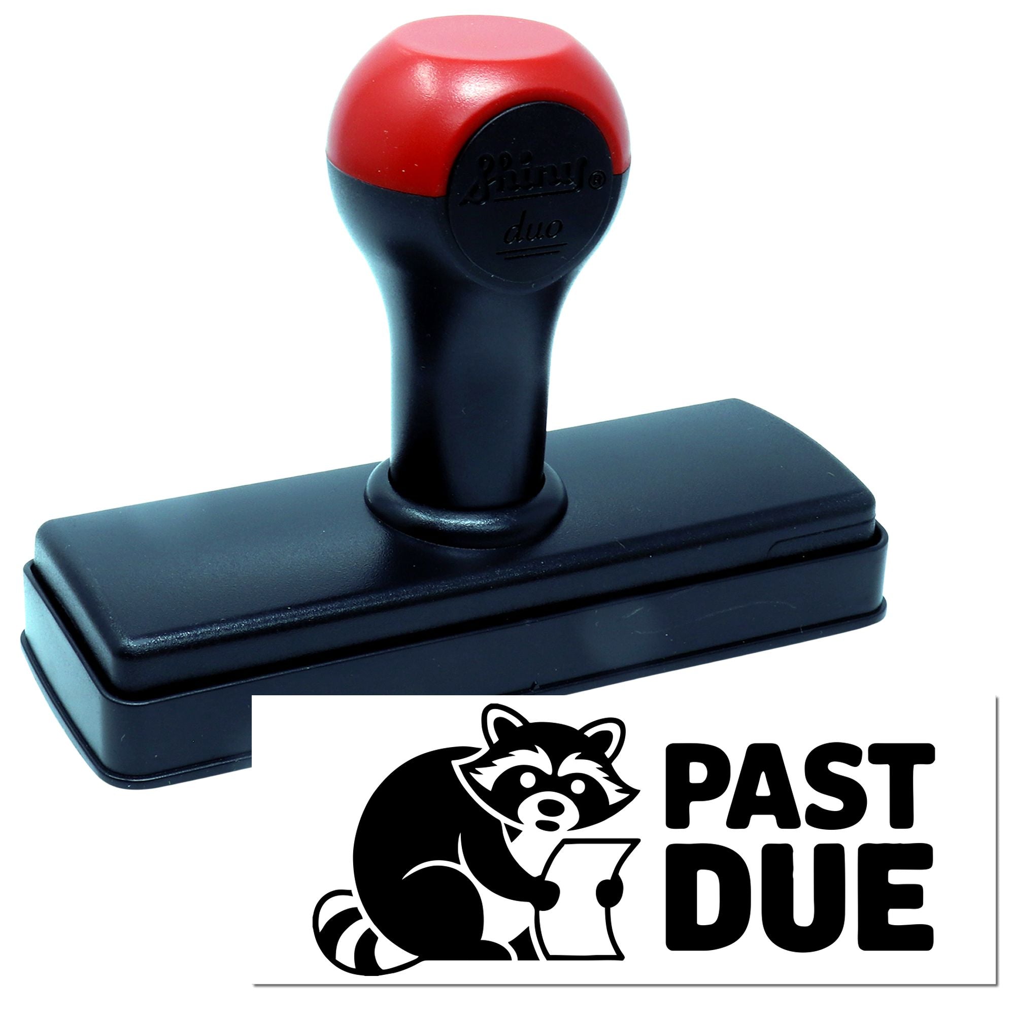 Self-inking rubber stamp with PAST DUE raccoon design for office reminders, billing, and overdue notice marking.