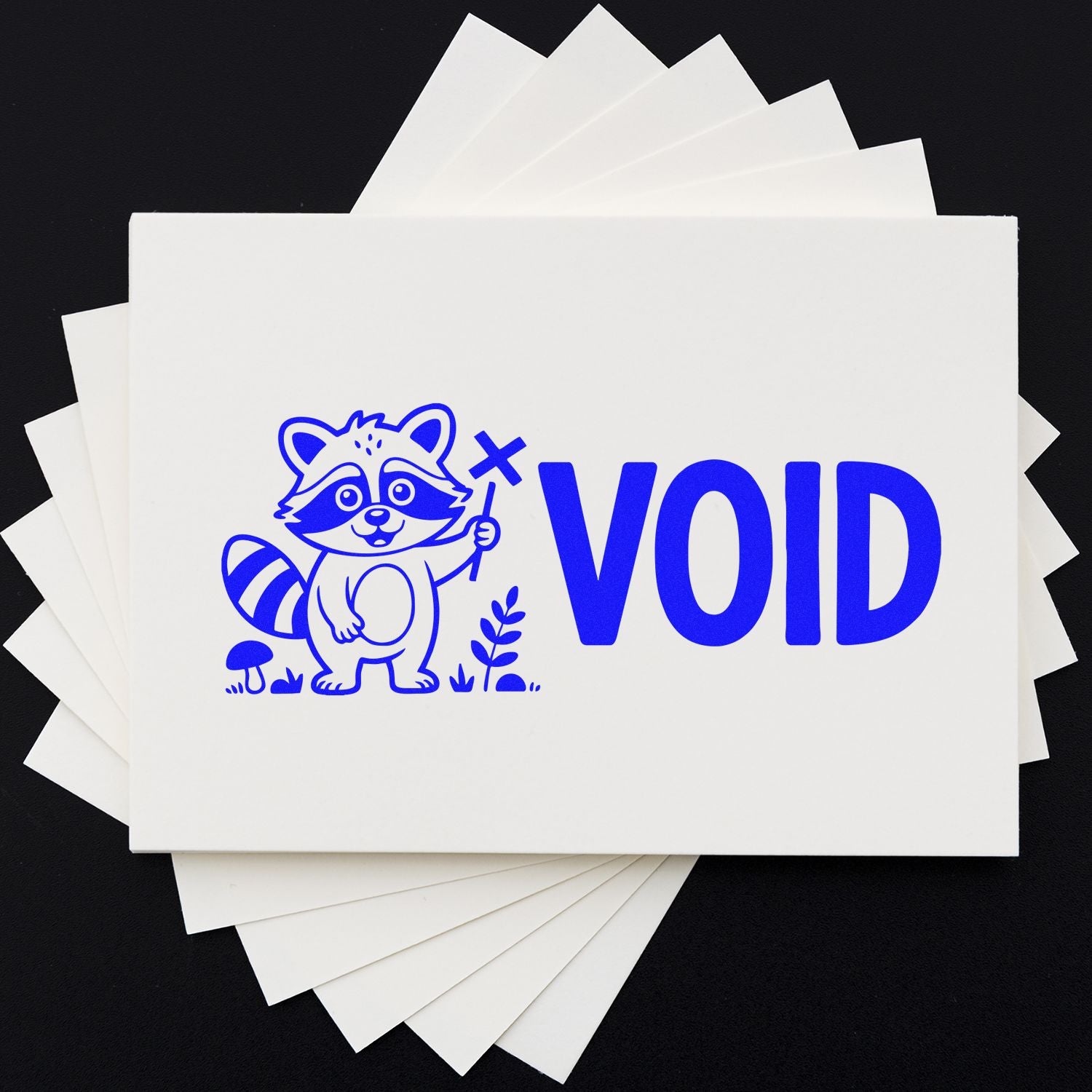 VOID rubber stamp design with raccoon icon for marking documents, forms, and office paperwork.