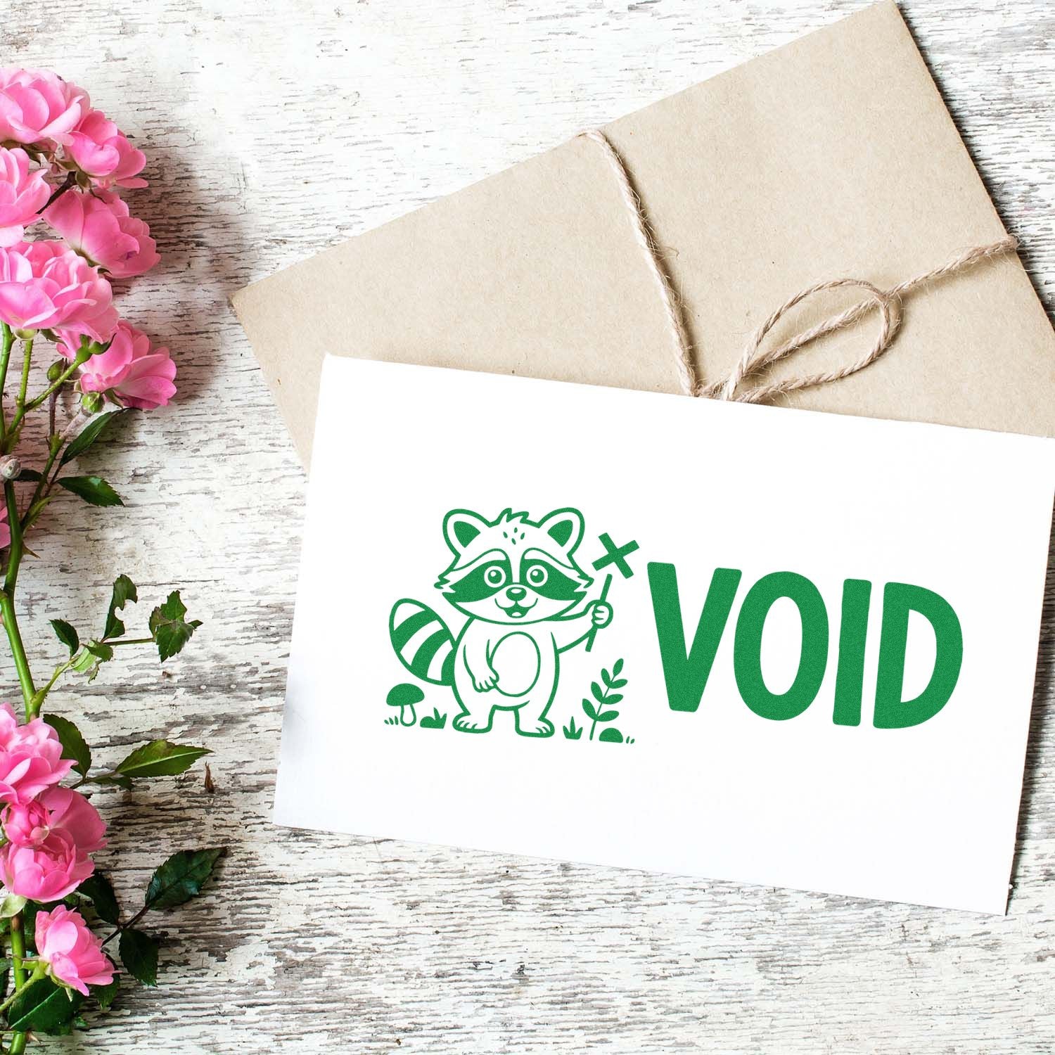 Raccoon VOID rubber stamp imprint on envelope, perfect for marking documents, mail, or packaging as invalid