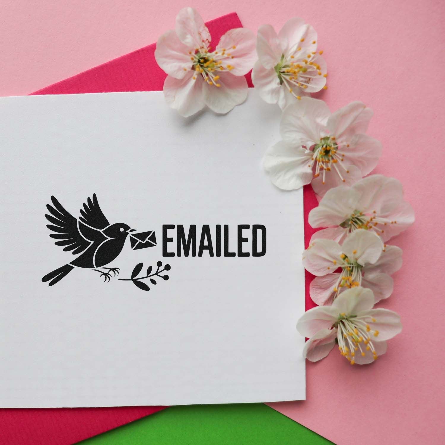 "Emailed" bird rubber stamp design for mail tracking, office use, and paper crafting.