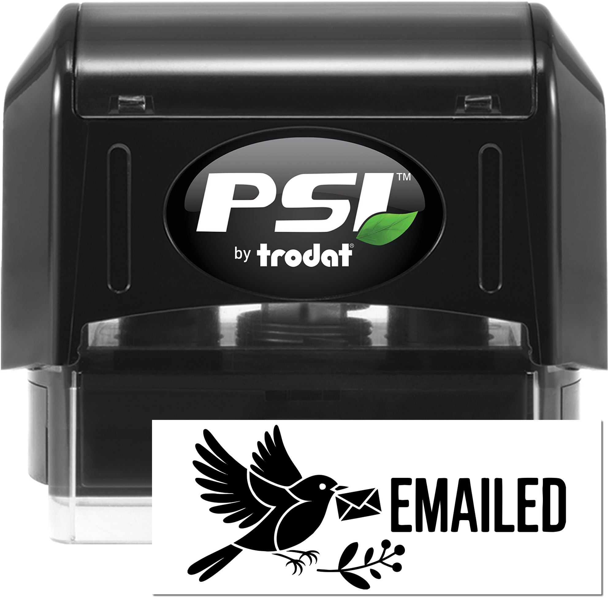PSI by Trodat self-inking rubber stamp with Emailed bird design for office mail processing and document status marking.