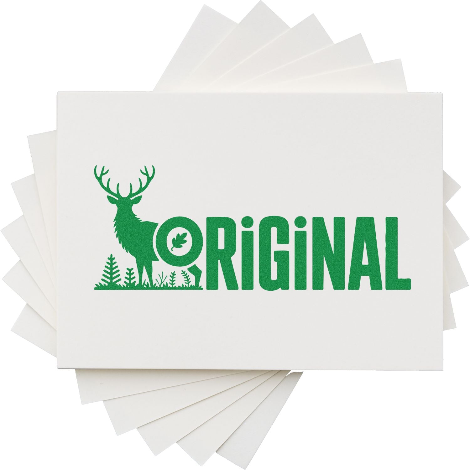 Custom rubber stamp impression with deer logo and bold Original text on paper samples, ideal for branded stationery or packaging