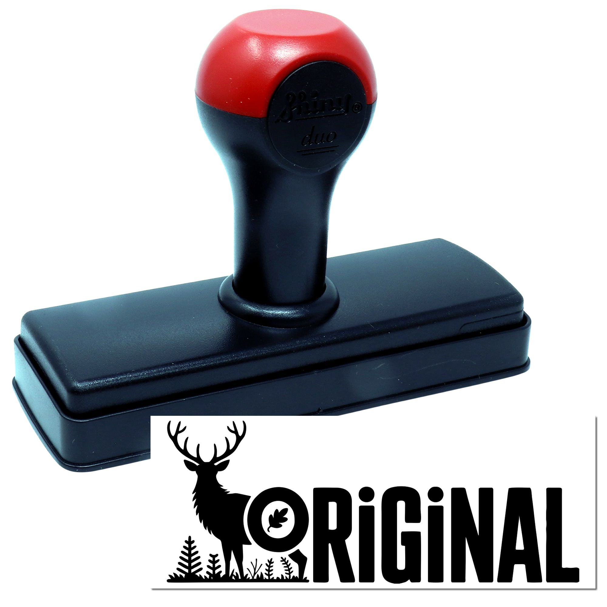 Self-inking rubber stamp with custom deer Original logo, ideal for branding packaging and craft labeling.