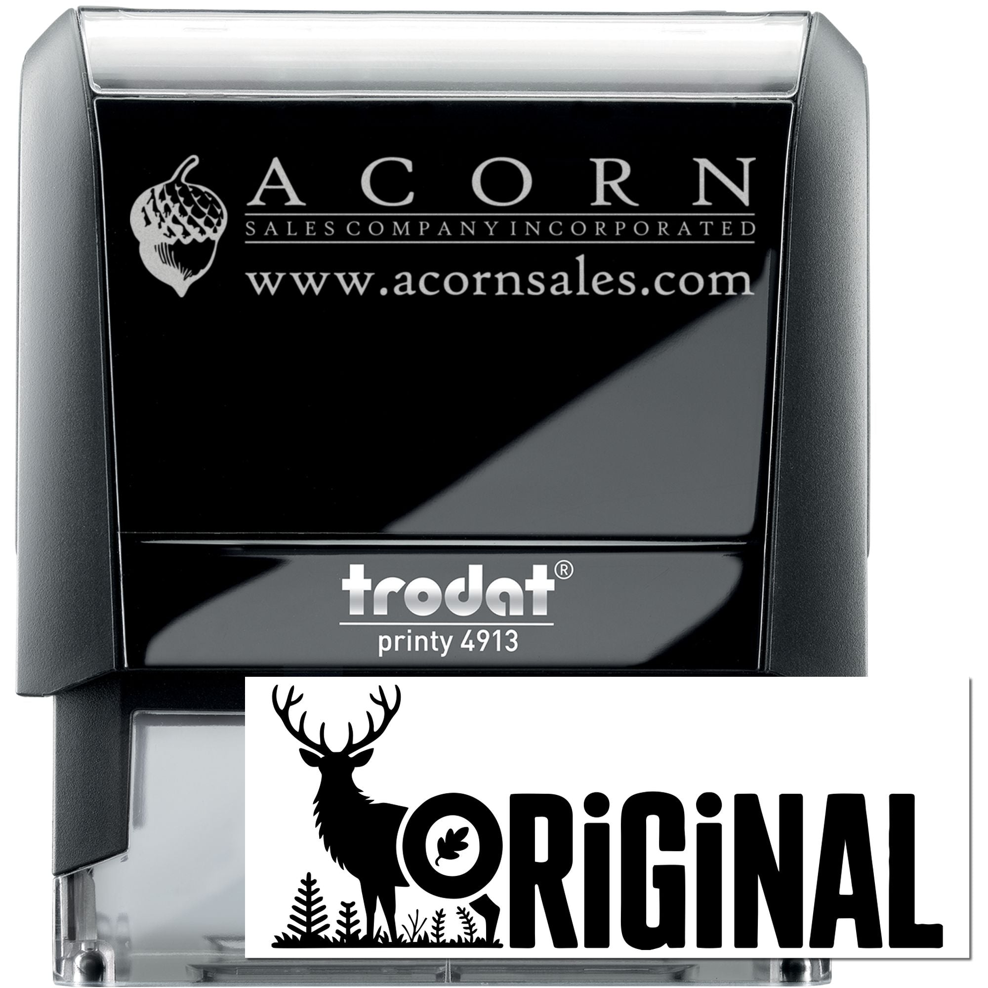 Custom self-inking logo rubber stamp, Trodat Printy 4913, showing Acorn Sales Company imprint and deer Original design.