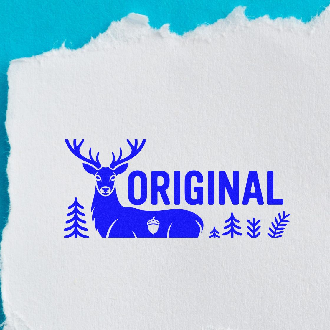 Custom rubber stamp with blue deer and ORIGINAL text on paper, ideal for wildlife branding and stationery.