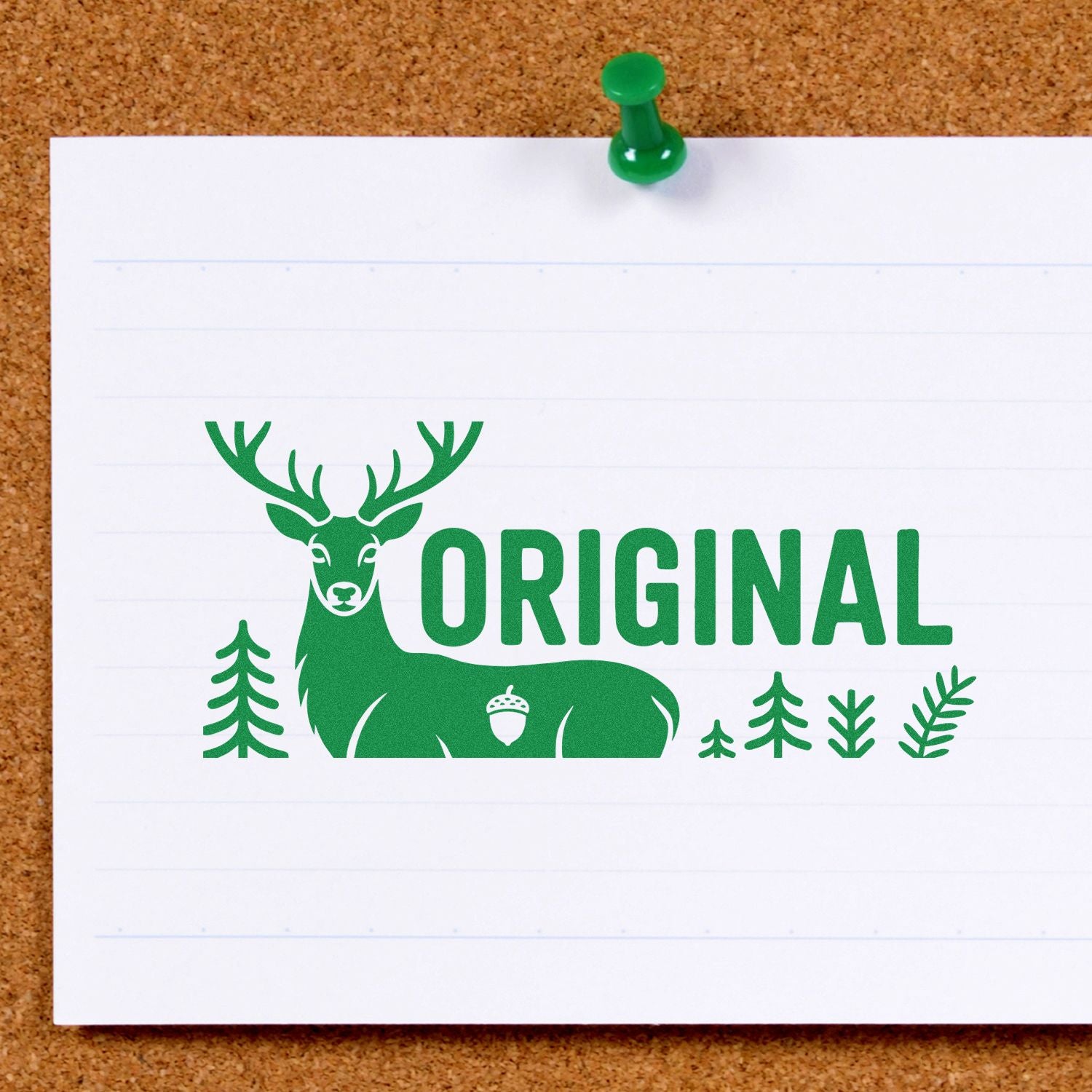 Nature-themed deer Original rubber stamp impression on paper for branding, handmade cards, and custom stationery.
