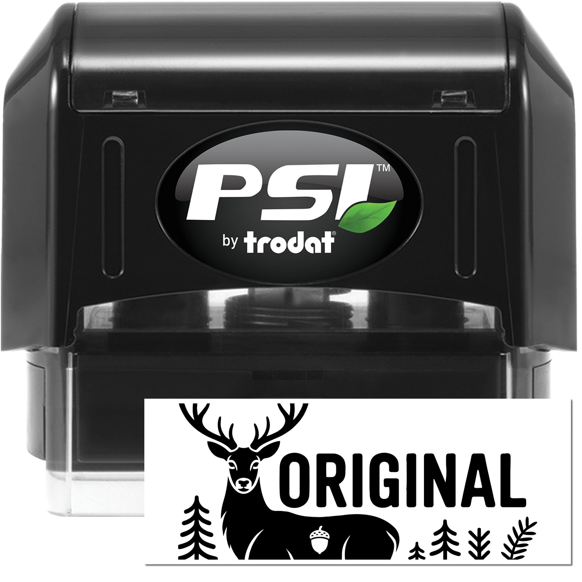 PSI by Trodat self-inking rubber stamp with custom ORIGINAL deer logo design for marking products and documents.