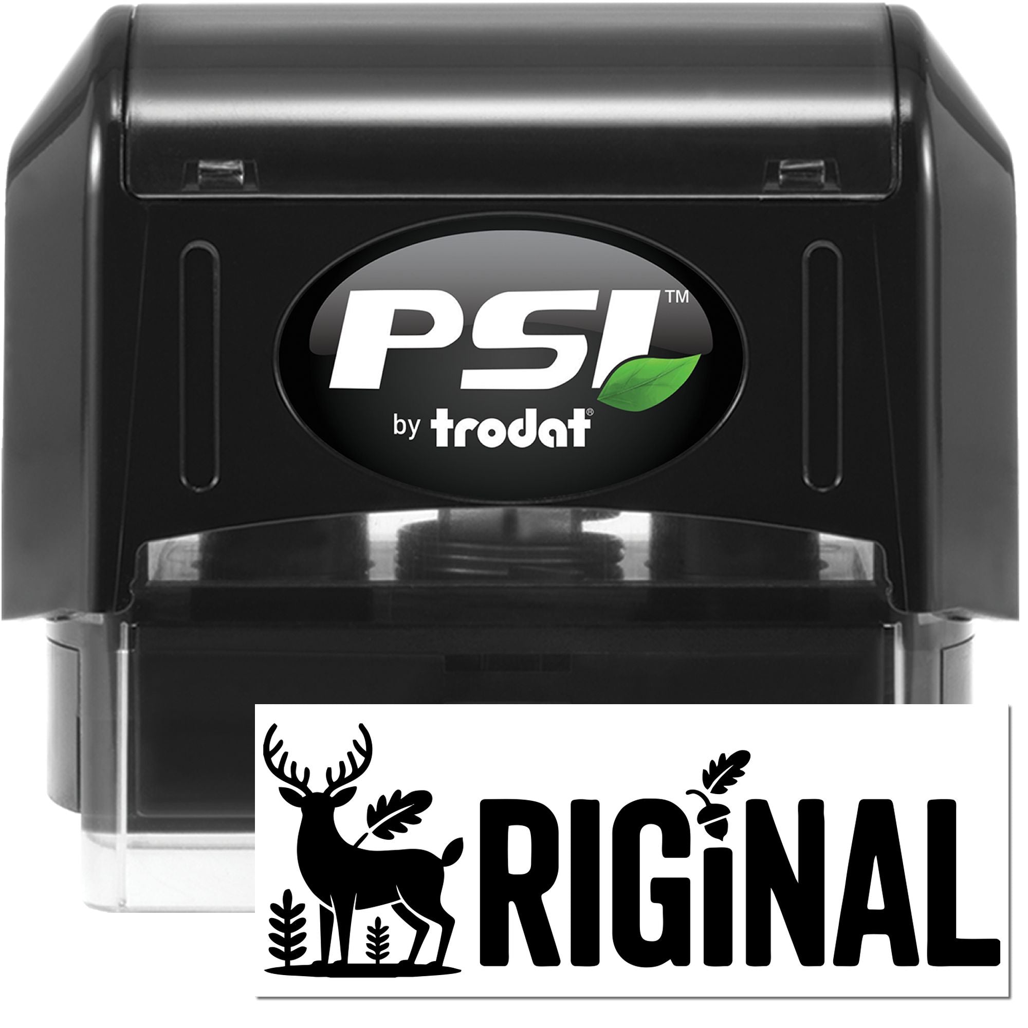PSI by Trodat self-inking rubber stamp with custom deer logo design for business branding and personalized stamping.