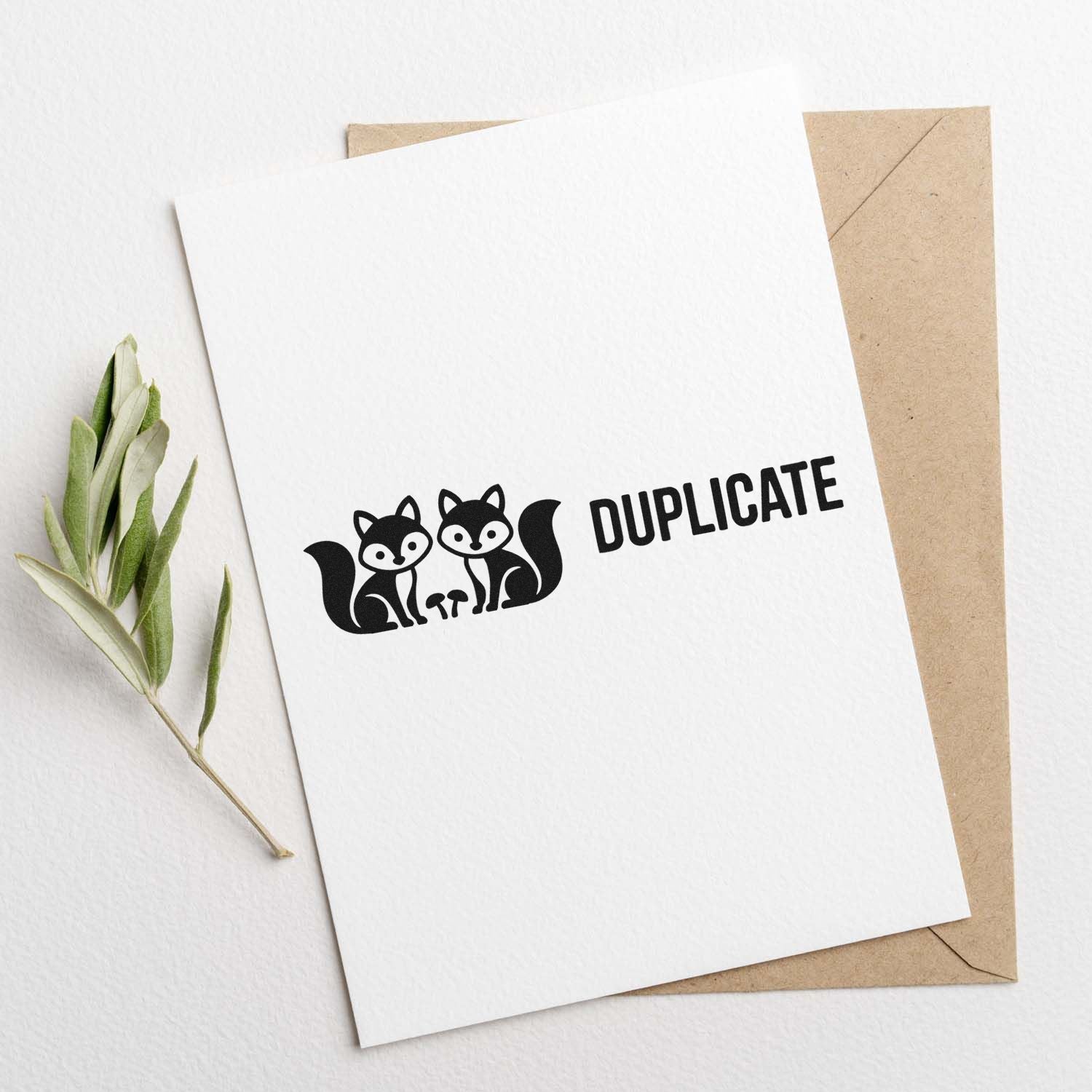 Duplicate rubber stamp design with fox icon on white card, ideal for office paperwork and stationery labeling.