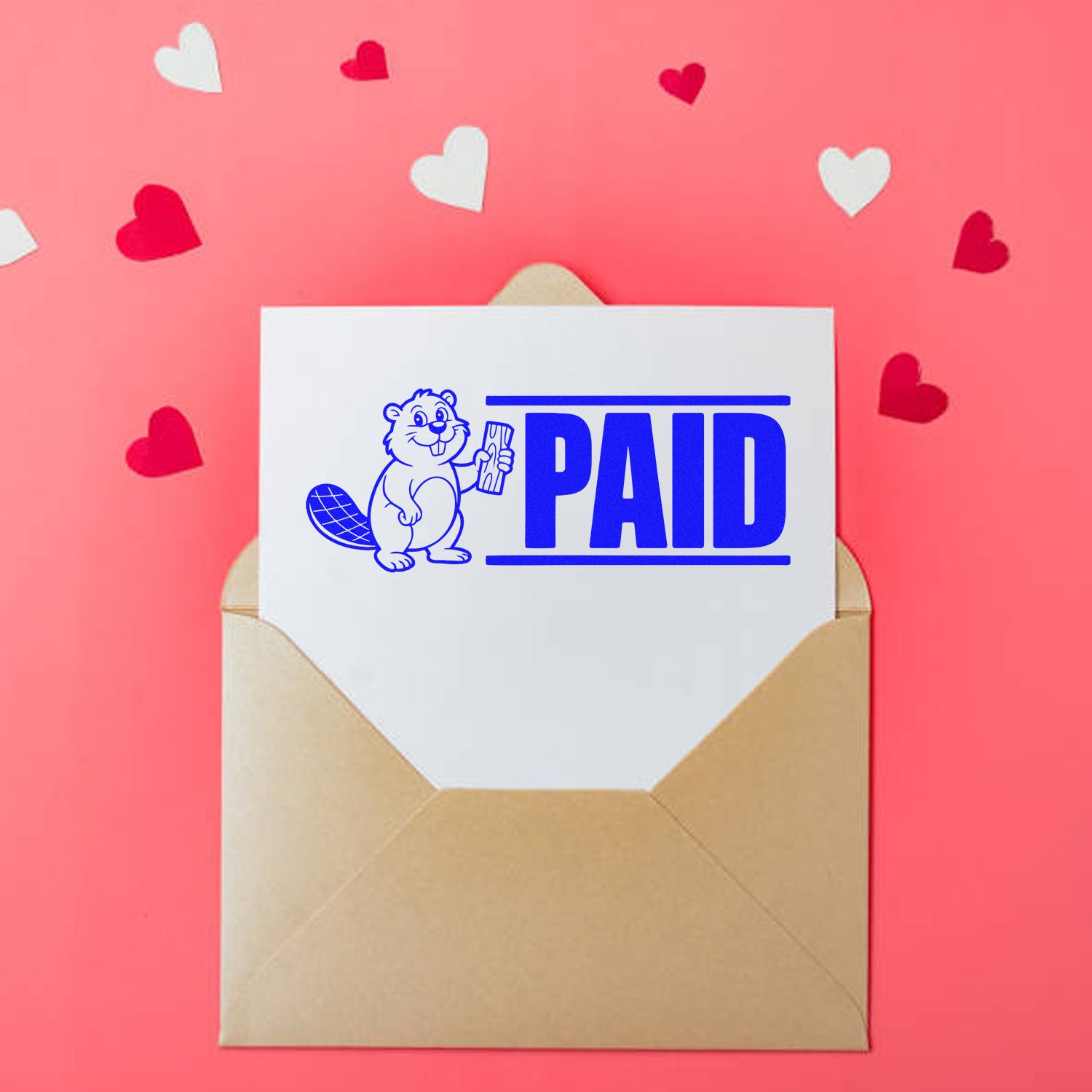 PAID rubber stamp design with beaver mascot on envelope, perfect for invoices, office mail, and business accounting.
