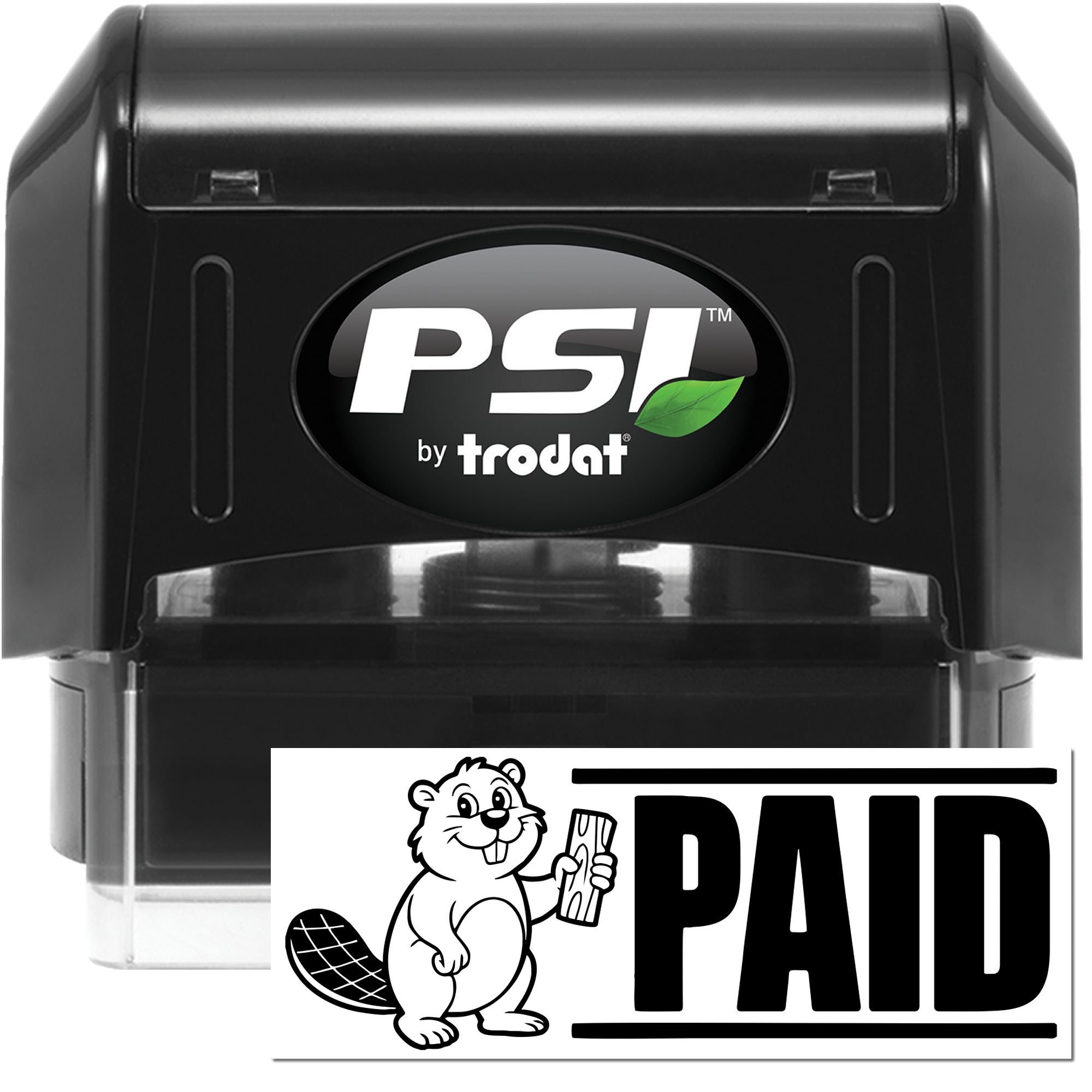 PSI by Trodat self-inking rubber stamp with bold PAID imprint for office billing and document processing.