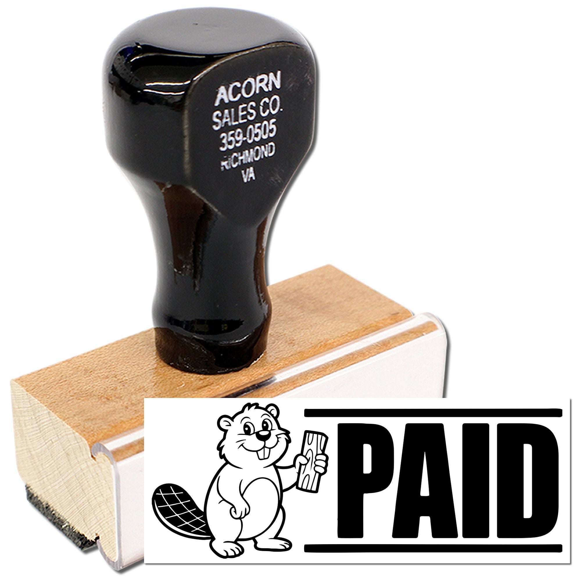 Custom wooden rubber stamp with PAID imprint and beaver logo for office bookkeeping and approval marking.