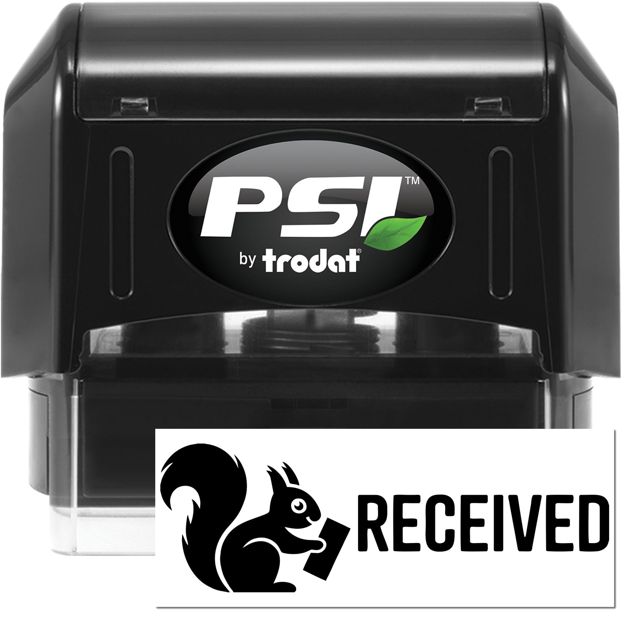 PSI by Trodat self-inking rubber stamp with RECEIVED imprint for office document processing and mail handling.
