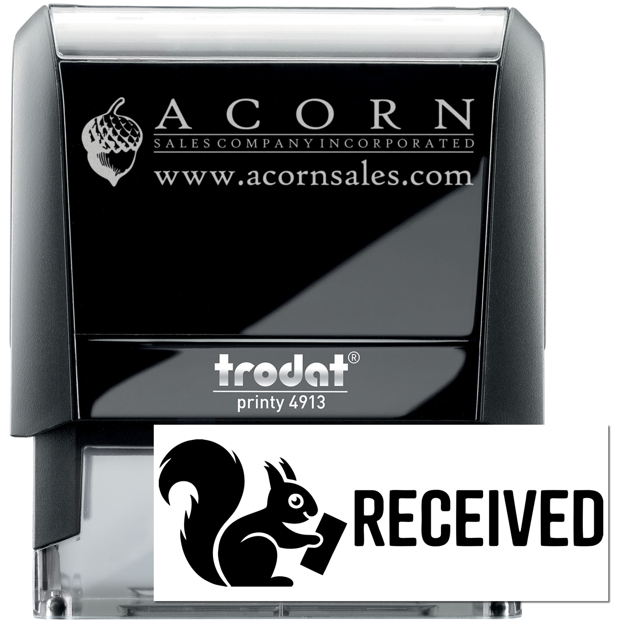 Custom self-inking rubber stamp Trodat Printy 4913 with Acorn Sales logo and Received imprint for business mail