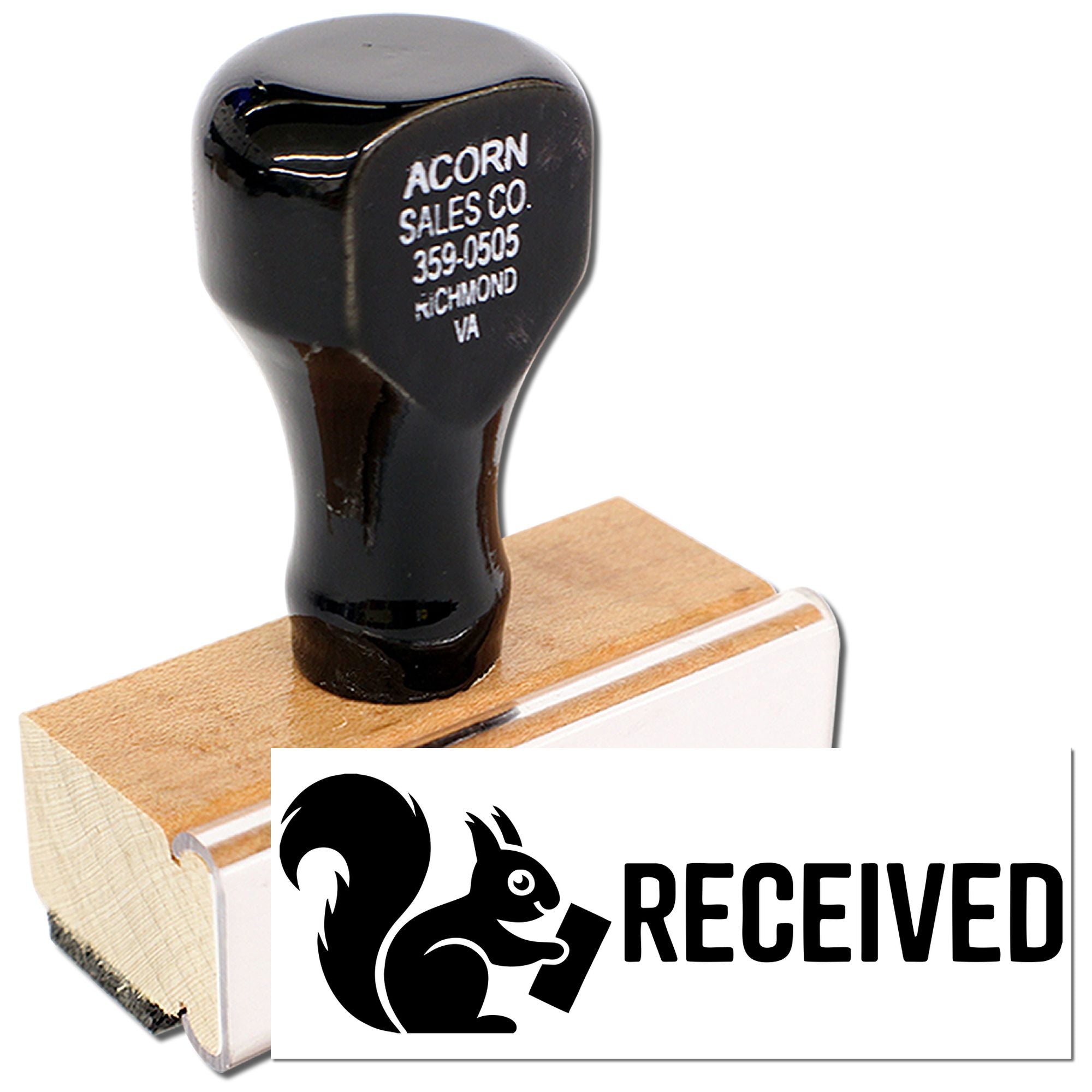Custom RECEIVED rubber stamp with squirrel logo for office mail, document approval, and recordkeeping.