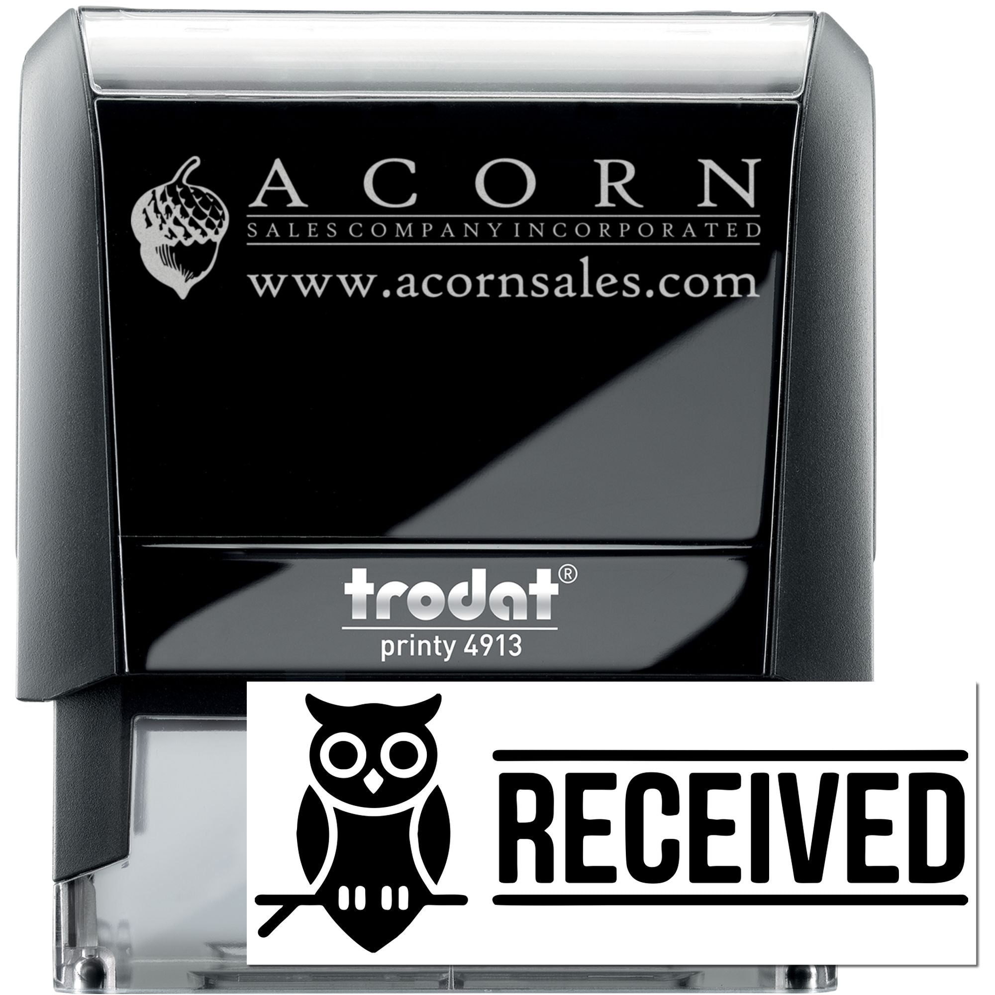 Trodat Printy 4913 custom self-inking rubber stamp with Acorn Sales logo and Received imprint example.
