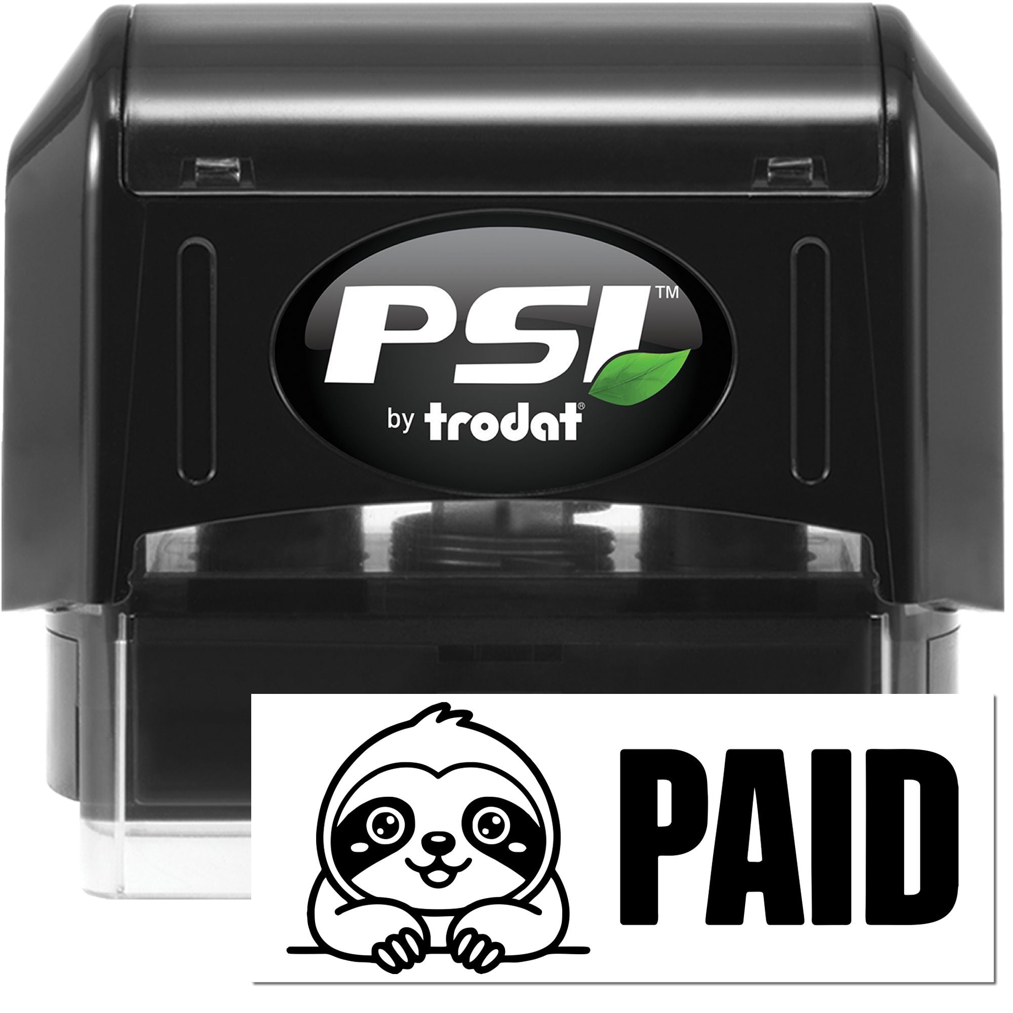 PSI by Trodat self-inking rubber stamp with custom PAID sloth design for office documents.