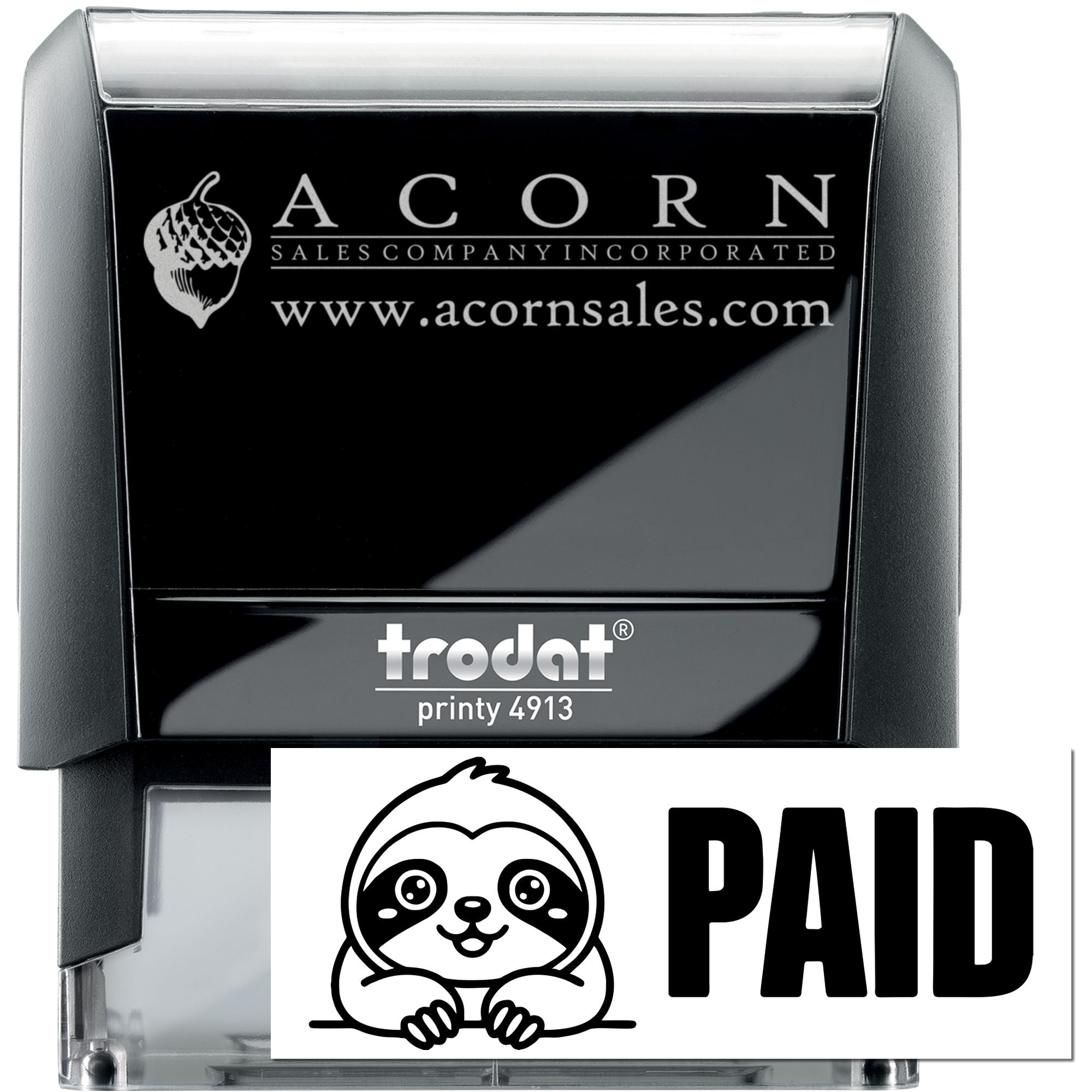 Custom self-inking Trodat Printy 4913 rubber stamp with Acorn Sales logo and sloth PAID imprint for business use