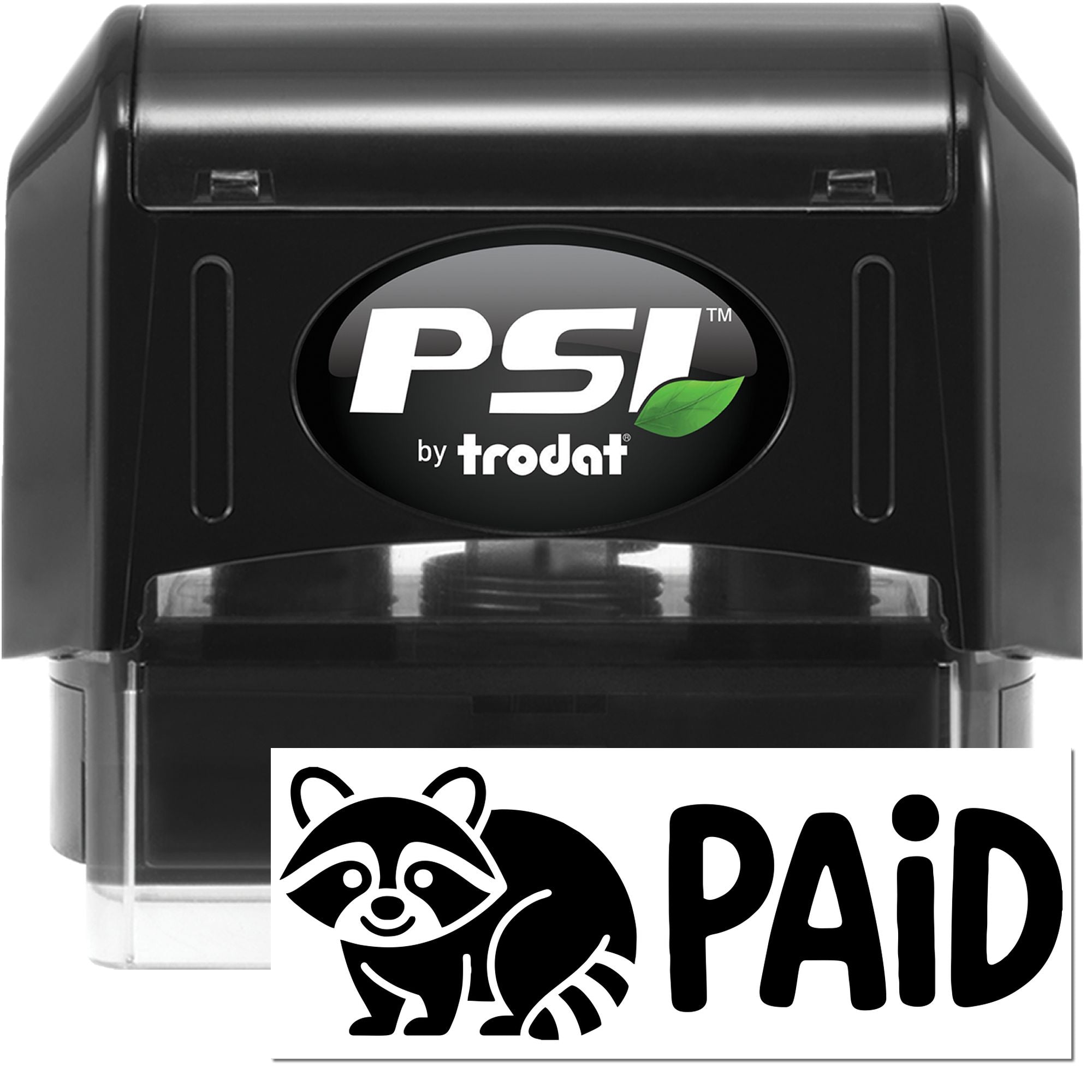PSI by Trodat self-inking rubber stamp with PAID raccoon design for office billing, bookkeeping, and payment marking.