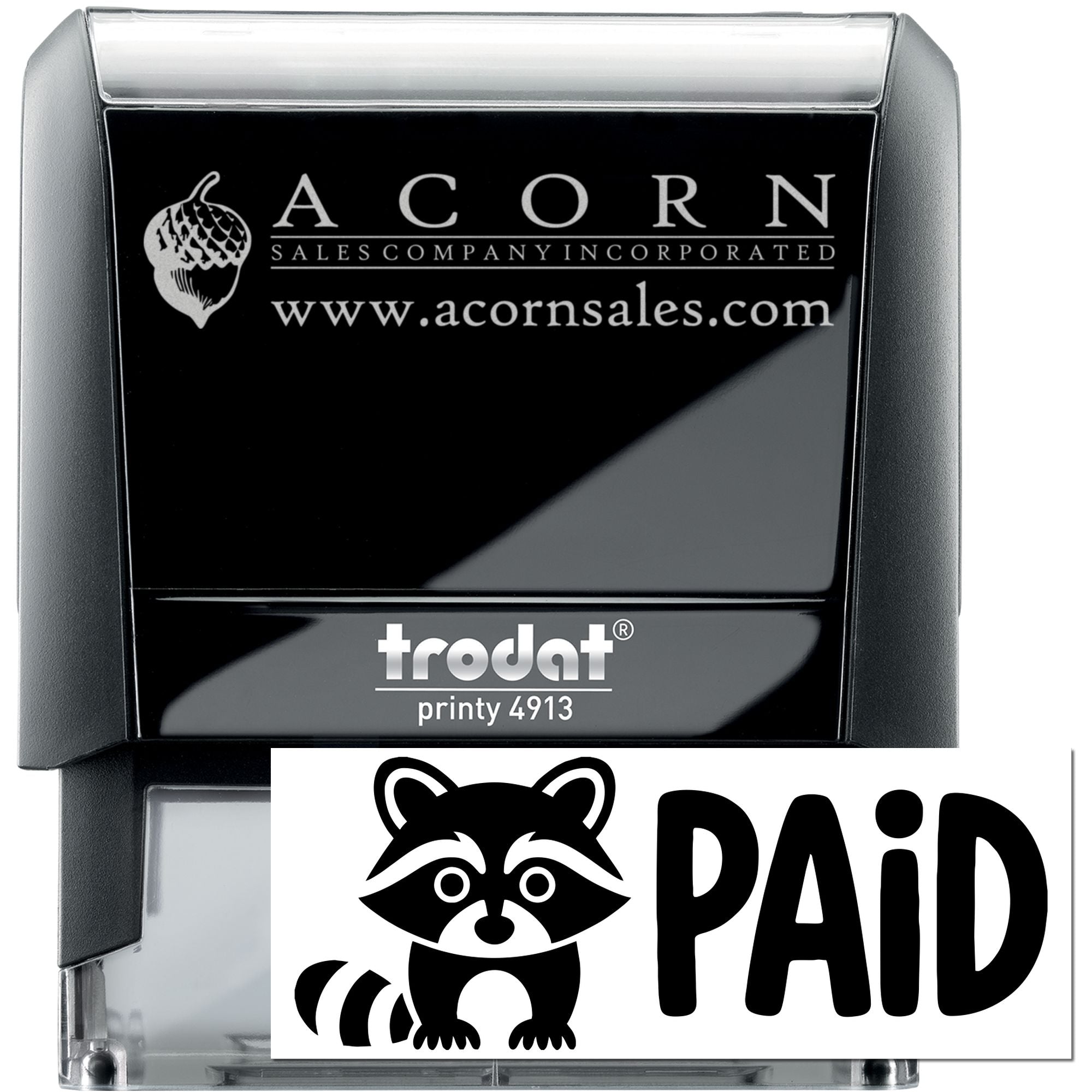 Trodat Printy custom self-inking rubber stamp with Acorn Sales logo, website, and PAID raccoon design for business use.