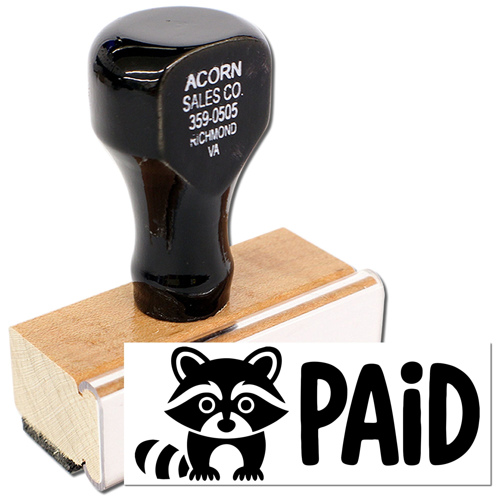 Custom self-inking rubber stamp with raccoon and PAID design for marking invoices, receipts, and office paperwork.