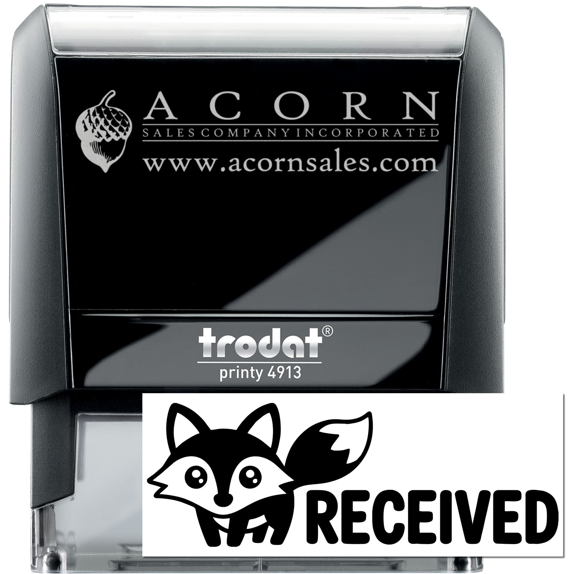 Custom self-inking rubber stamp for Acorn Sales Company, Trodat Printy 4913, with fox RECEIVED design.