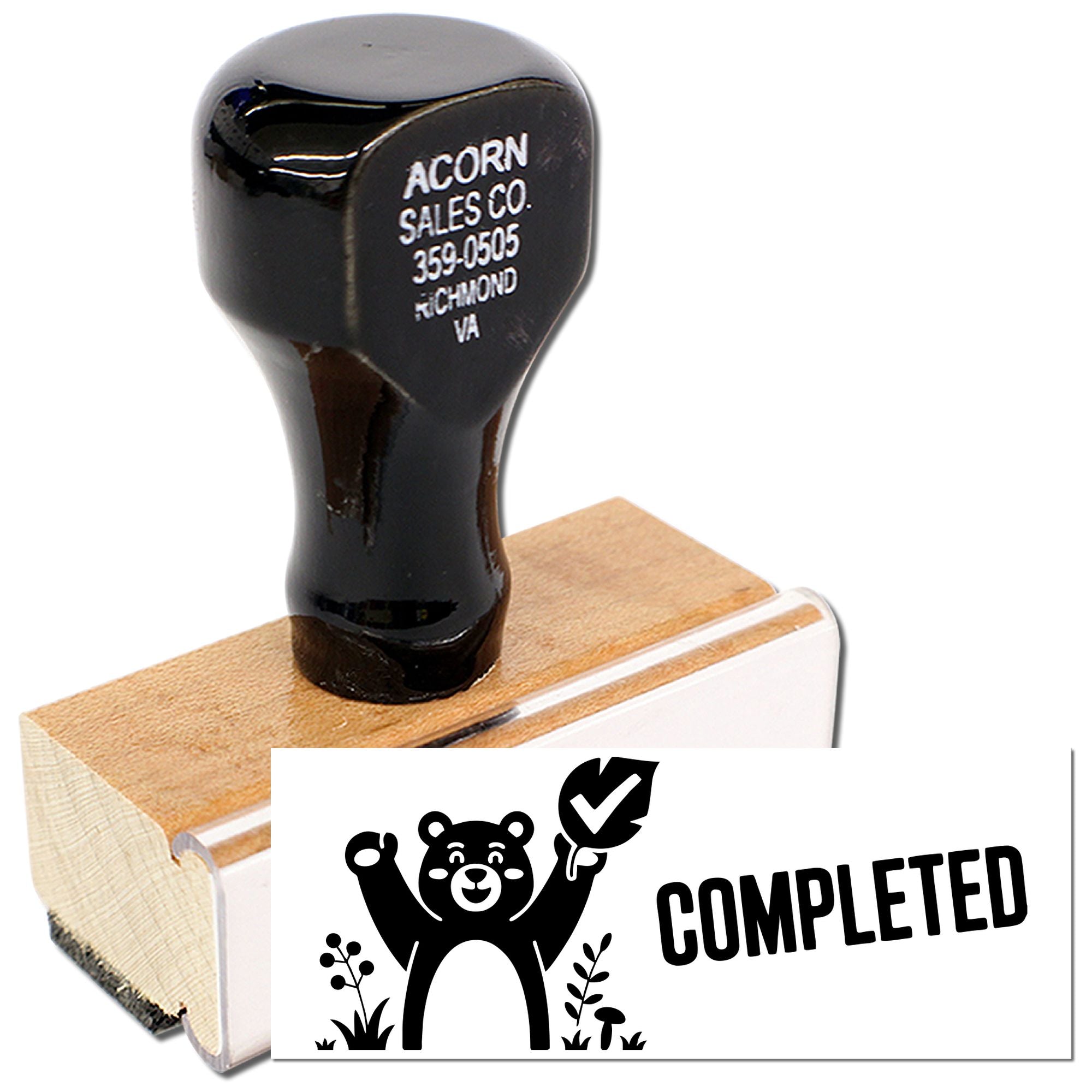 Custom rubber stamp with COMPLETED bear design for marking finished documents, packages, and craft projects.