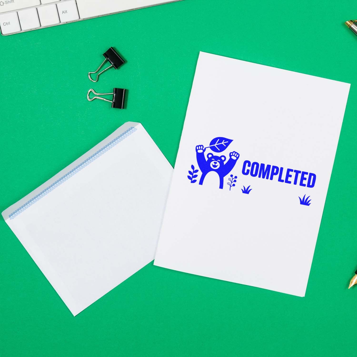 Completed rubber stamp design on office paper, ideal for business approval, document marking, and custom rubber stamp branding.