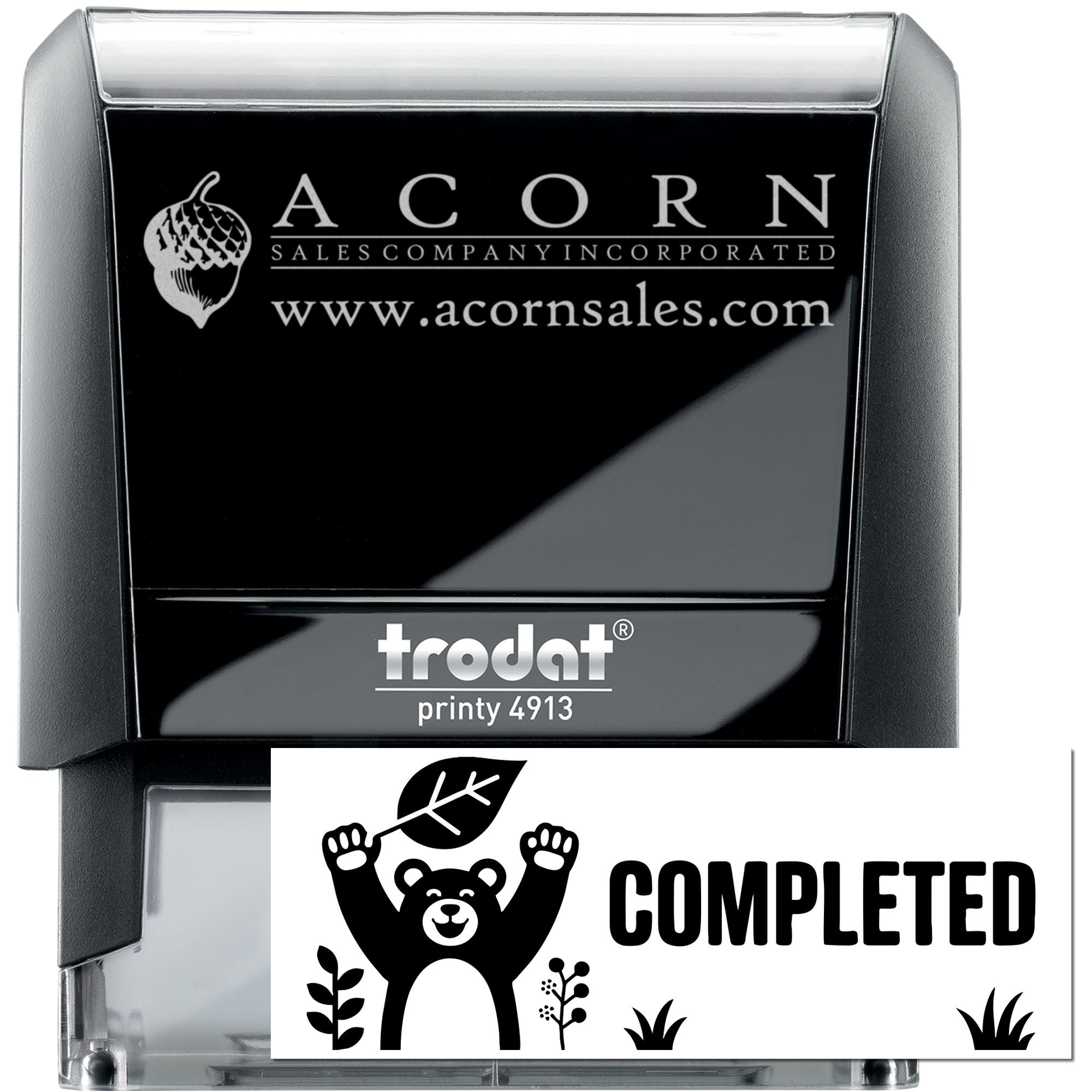Custom self-inking rubber stamp Trodat Printy 4913 showing Acorn Sales logo and Completed bear stamp design.