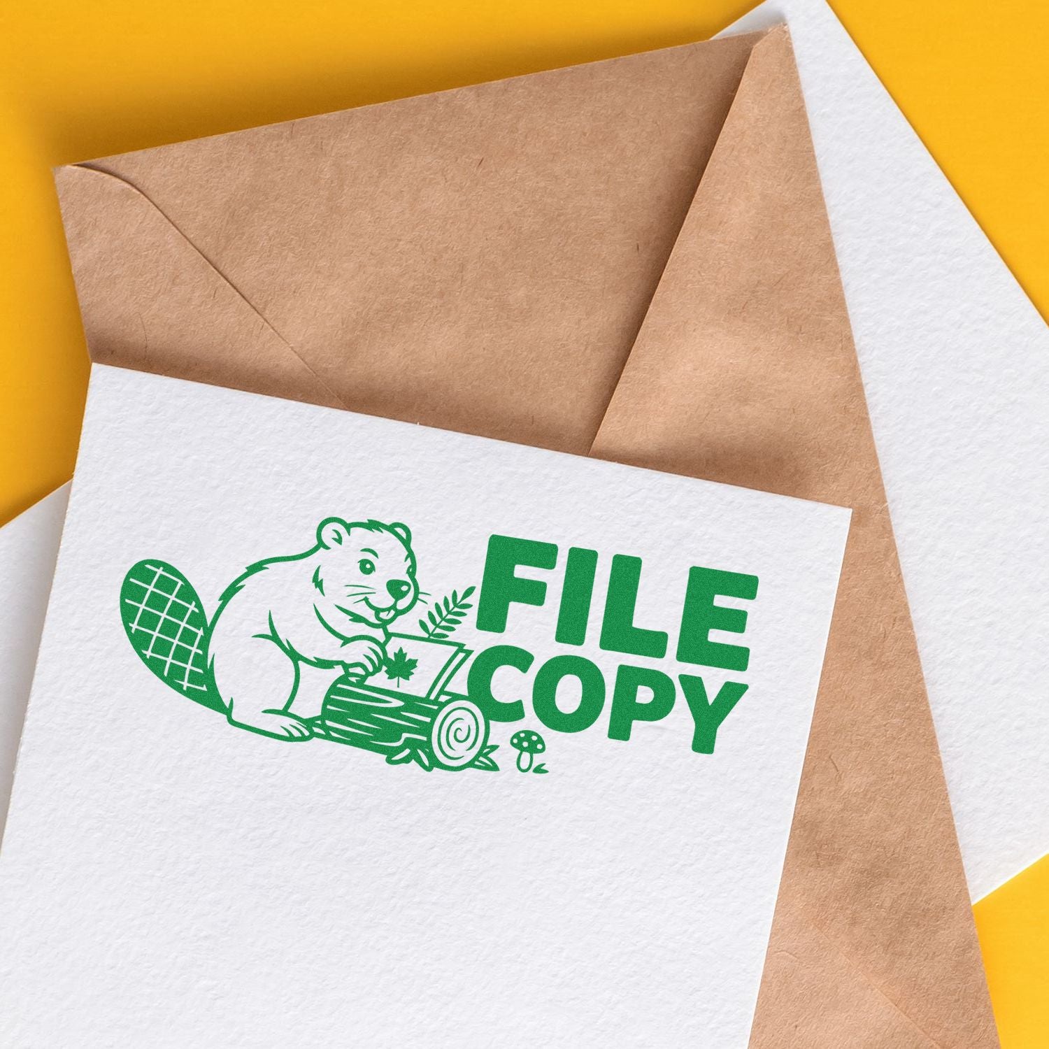Custom rubber stamp design for file copy marking on office envelopes and documents with green beaver logo.