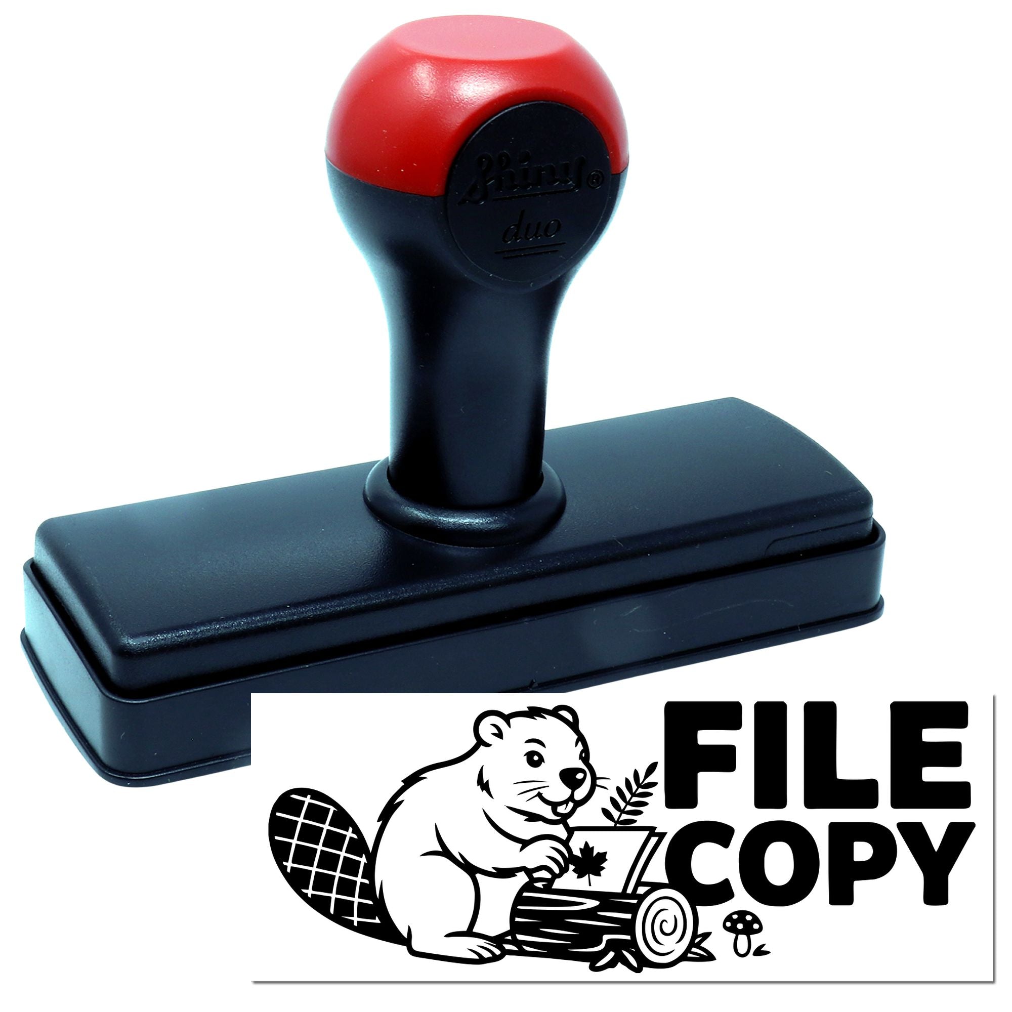 Self-inking rubber stamp with FILE COPY impression and beaver logo for office document filing and copy marking.