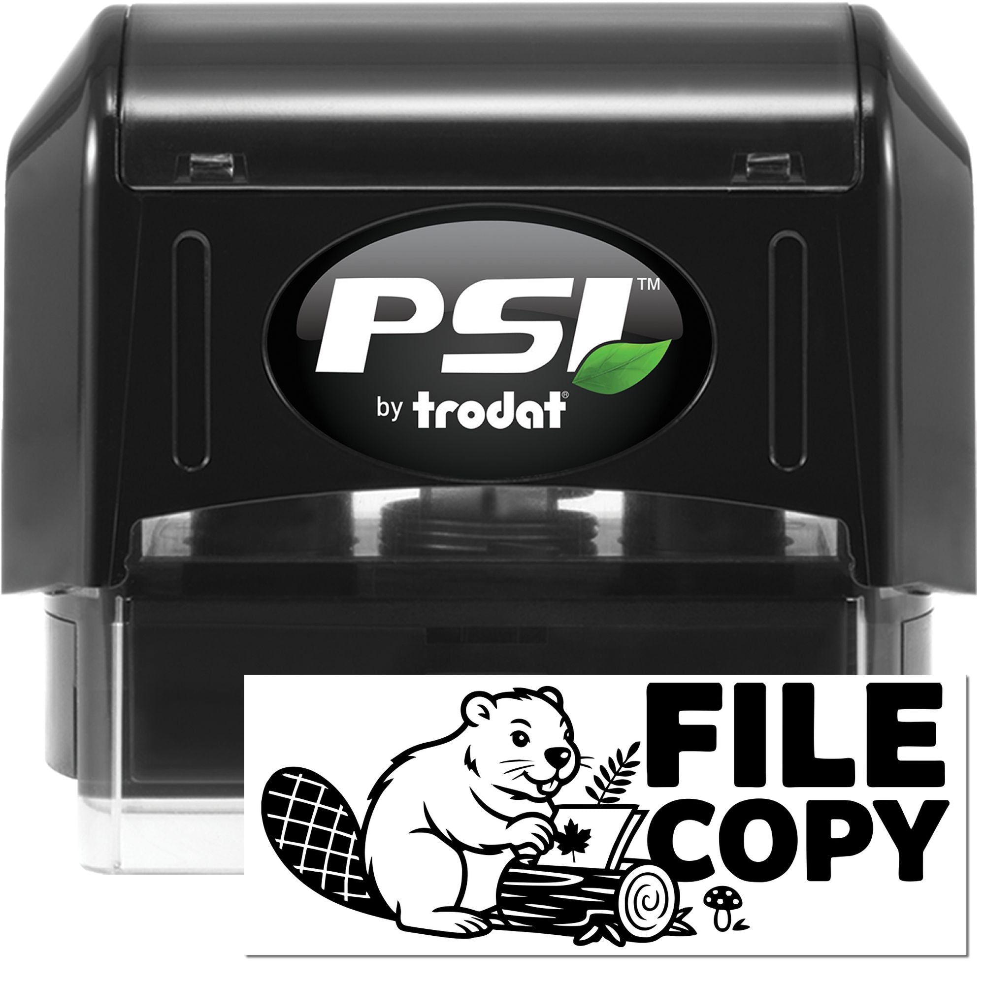 PSI by Trodat self-inking rubber stamp showing custom File Copy imprint for office document marking