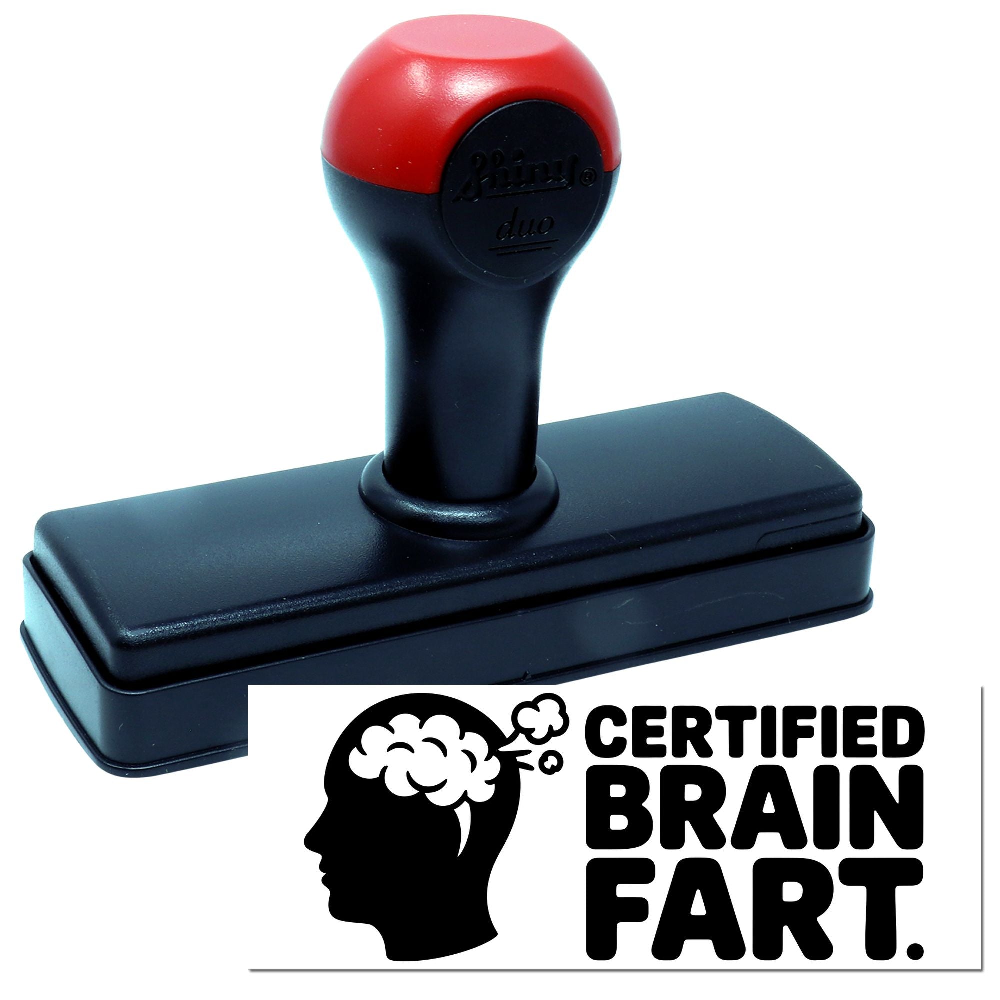 Self-inking rubber stamp with Certified Brain Fart design, a novelty office stamp for humorous documents.