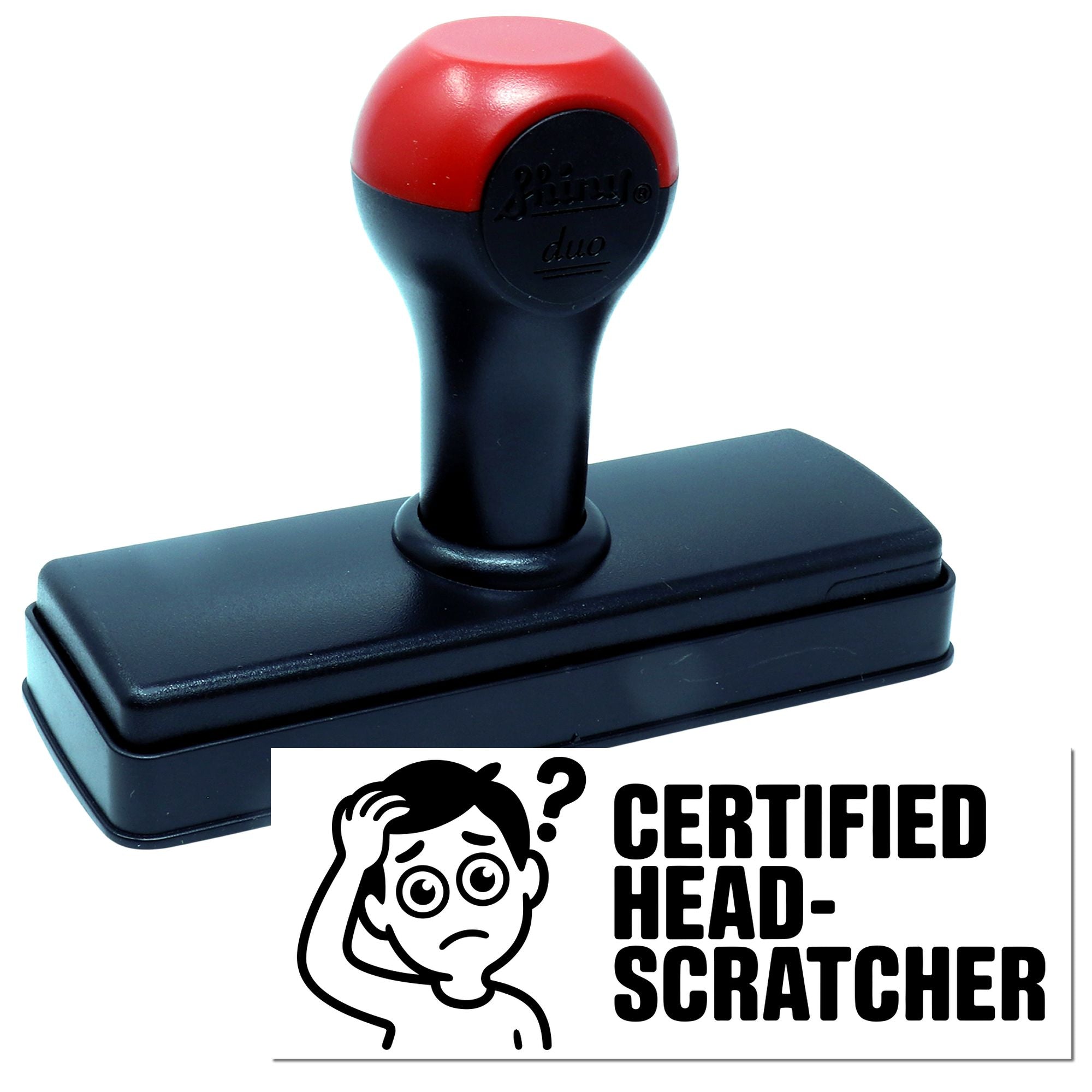 Certified Head-Scratcher self-inking rubber stamp for offices, marking confusing or puzzling situations.