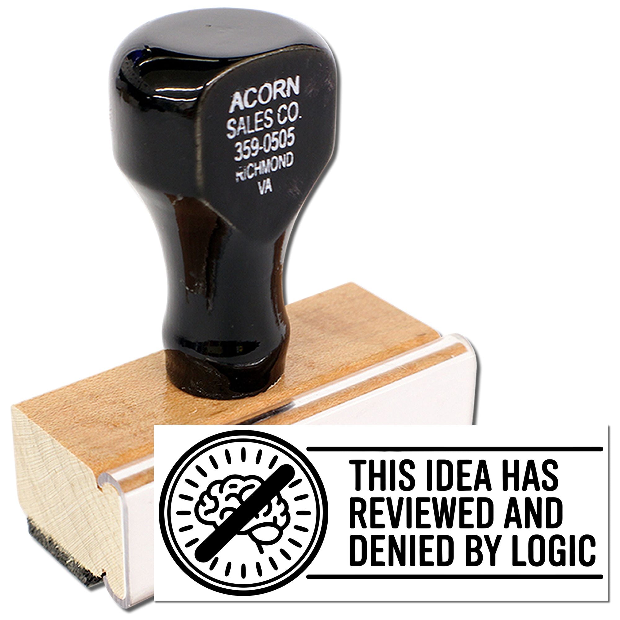 Custom rubber stamp with This idea has been reviewed and denied by logic message for office humor and branding.