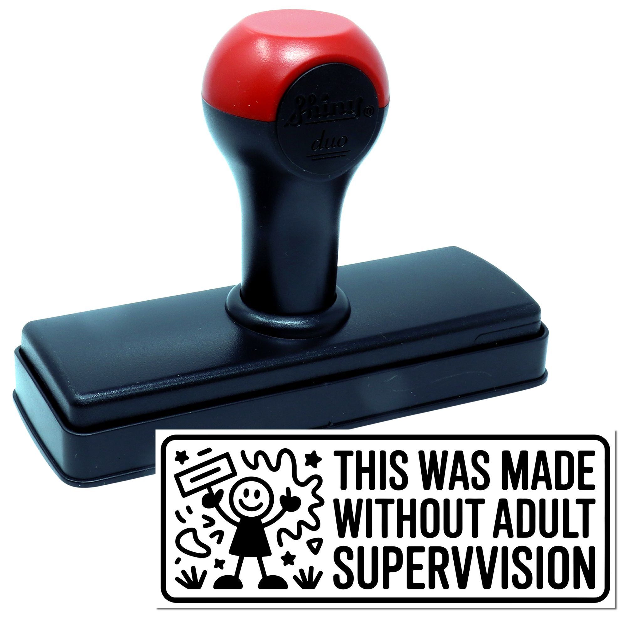 Self-inking rubber stamp with This Was Made Without Adult Supervision design for craft projects, maker labels, and DIY branding.