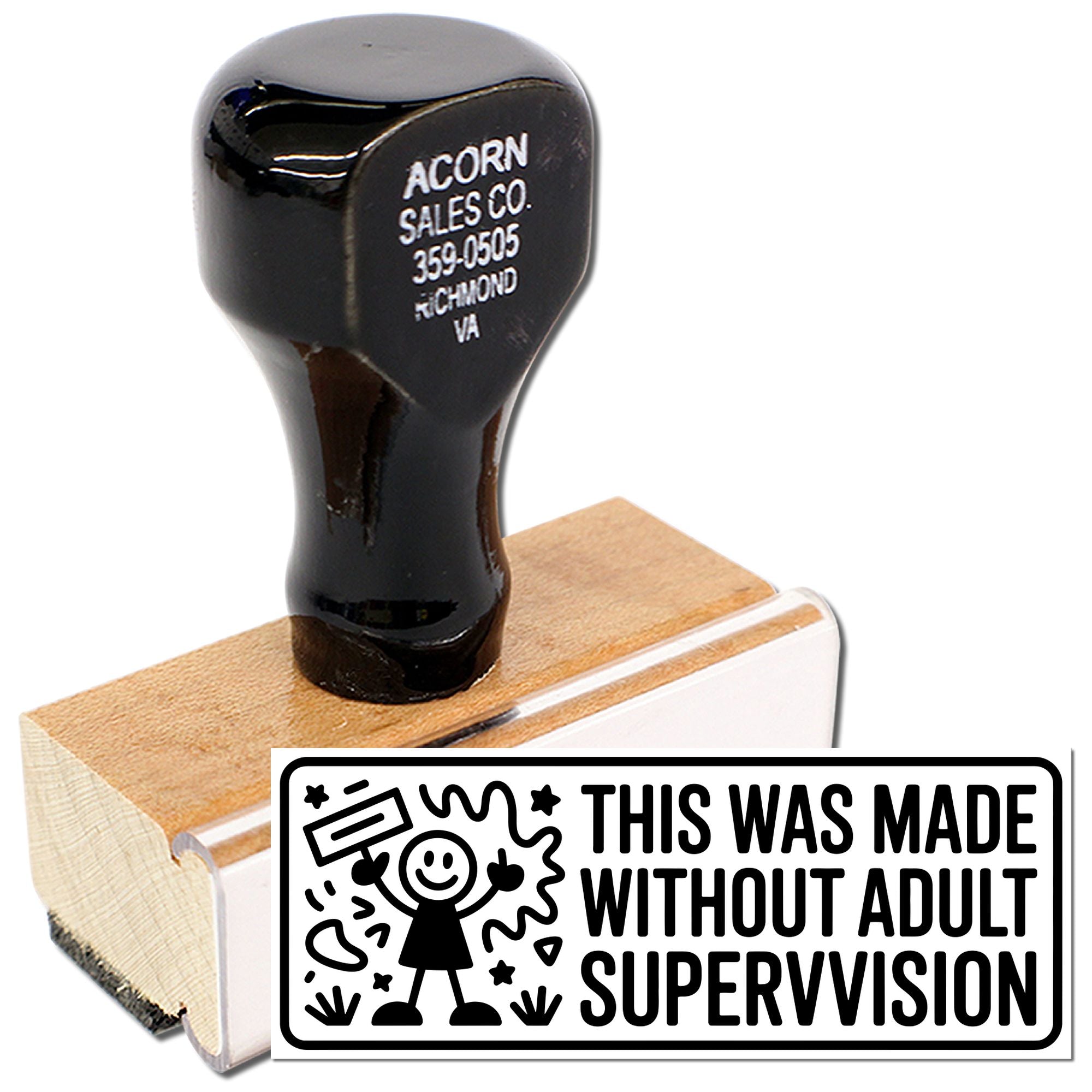Rubber stamp reading This Was Made Without Adult Supervision for DIY crafts, maker projects, and handmade gift tags.