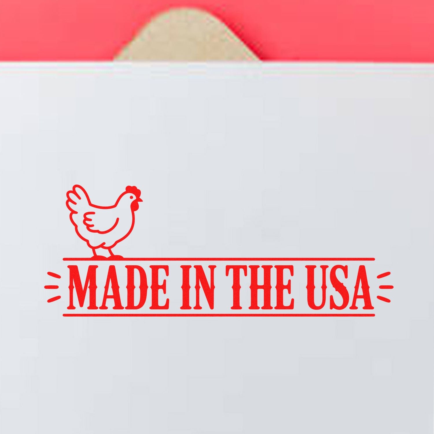 Made in the USA rubber stamp with chicken icon for packaging, labeling, and product branding.