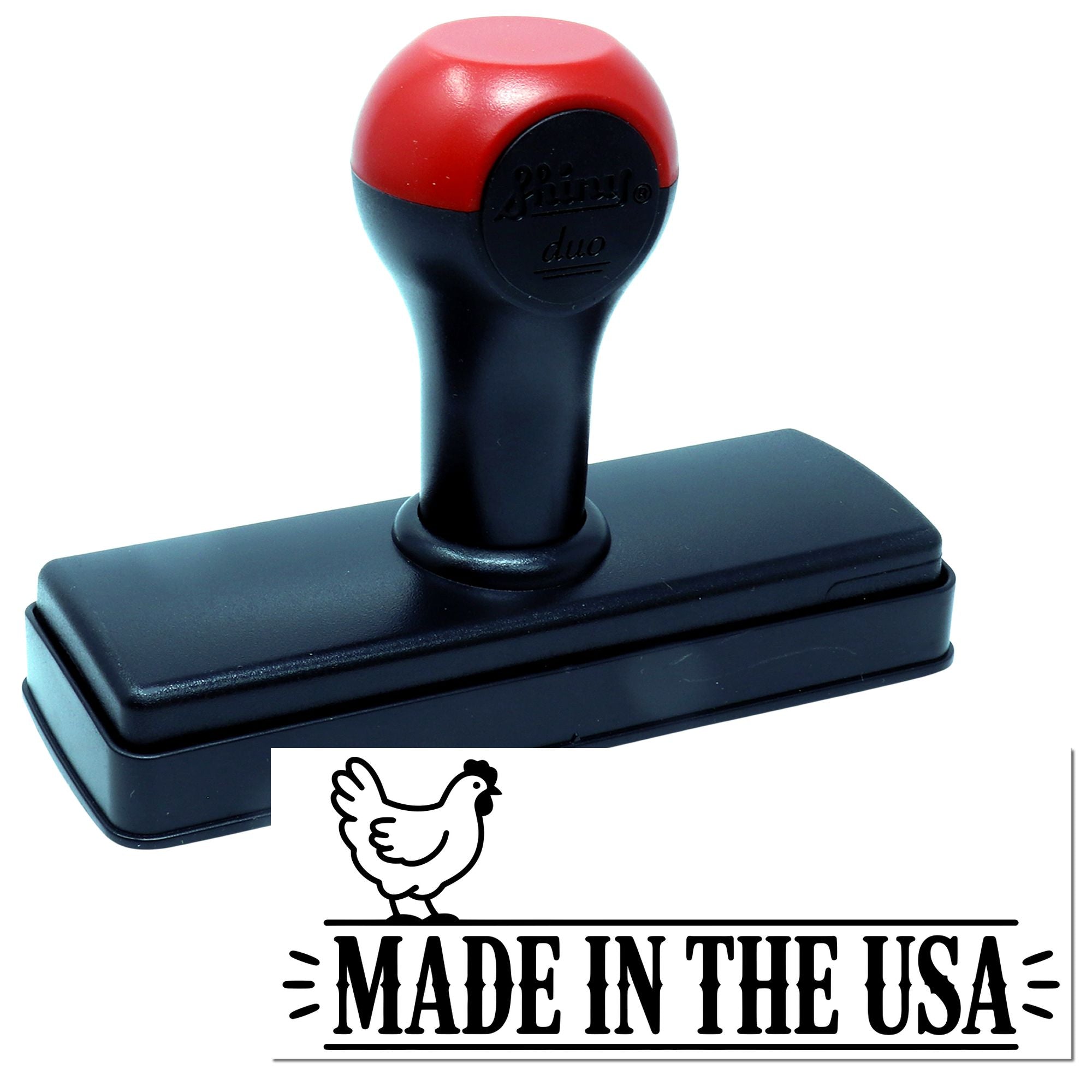 Self-inking rubber stamp with Made in the USA chicken design, red and black handle, for marking handmade products.